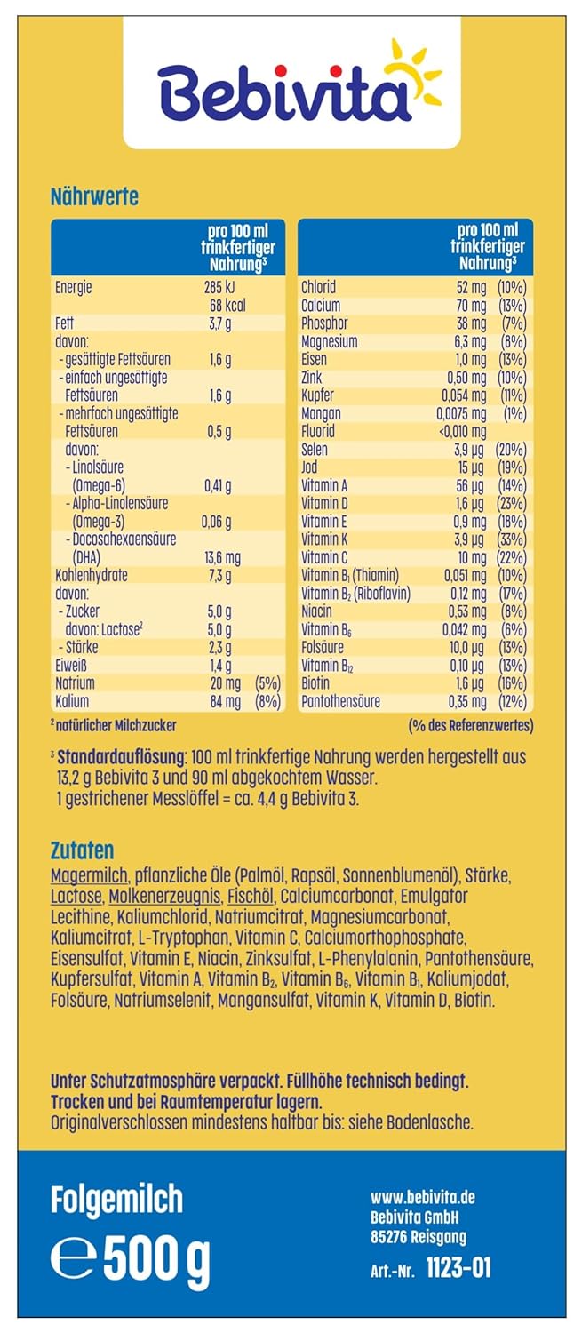 Bebivita 3 Folgemilch (4 x 500g), ab dem 10. Monat, mit Vitamin C und D, Omega-3 (DHA,ALA), altersgerecht sättigend