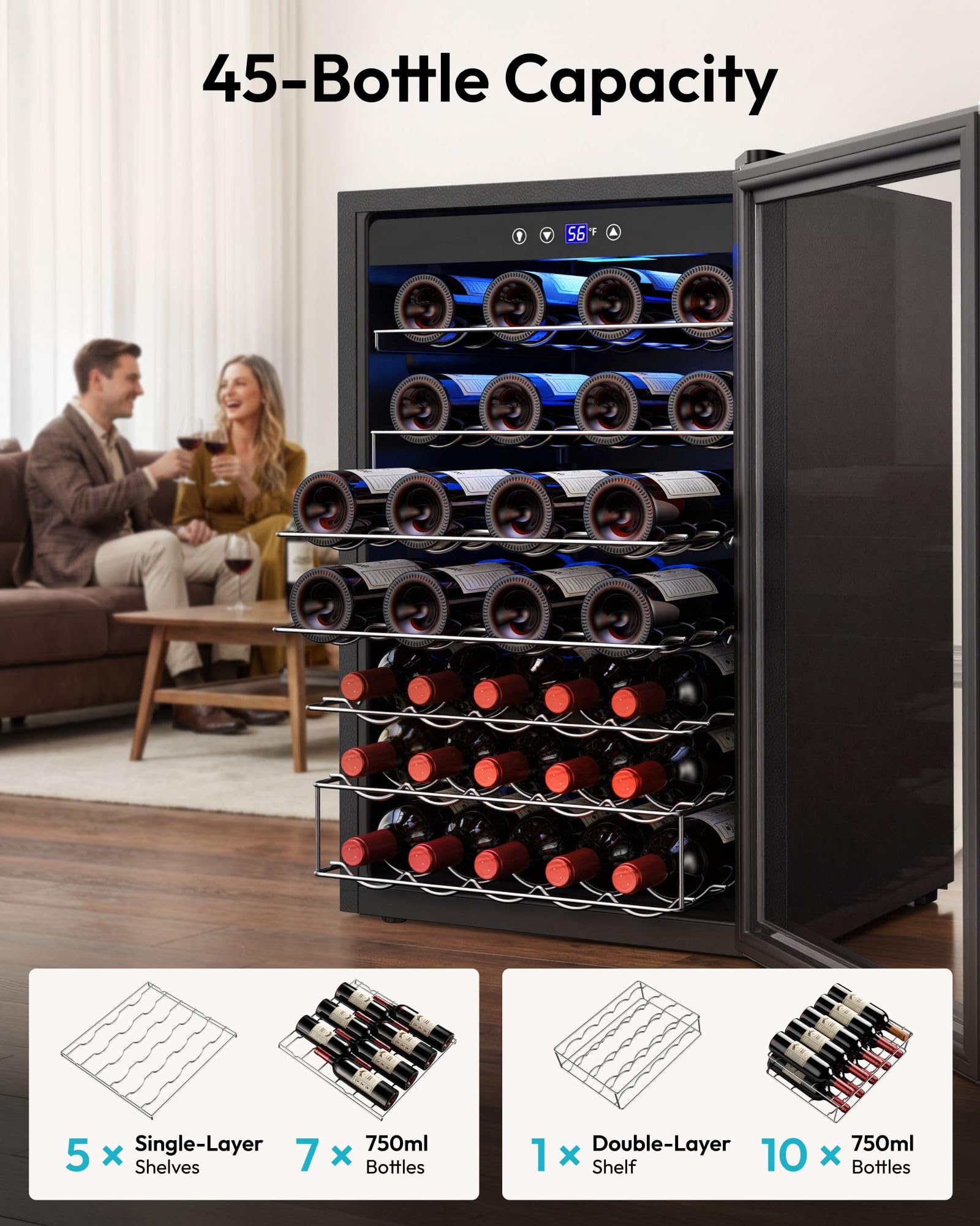 EUHOMY 25 bottle Wine Cooler Refrigerator, Freestanding Compressor Wine Fridge with Adjustable Temperature and Digital Control, Mini Fridge with Glass Door for Red White Wine, Beer, Black