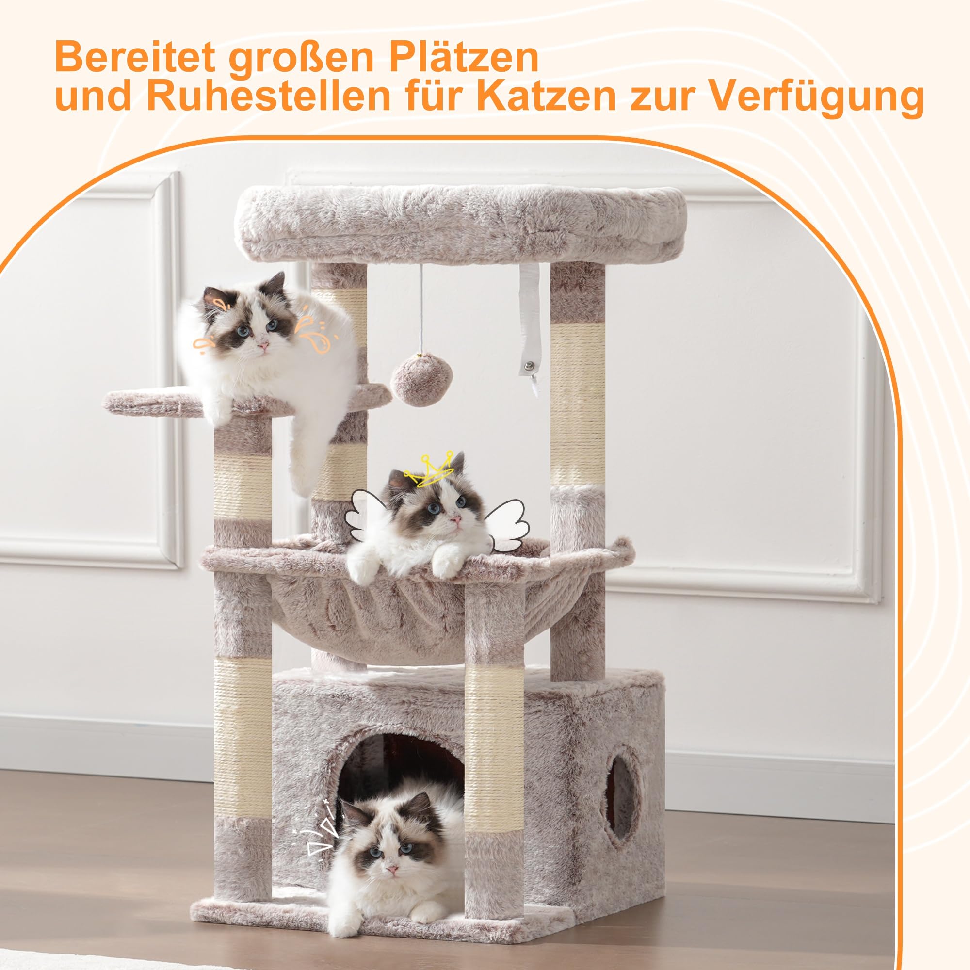 Heybly Kratzbaum, Katzenbaum mit Extra Großem, Weichem Katzenkorb, Katzenkratzbaum mit Geräumigem Katzenbett und Verstecktem Schlafplatz, Robusten Sisal-Kratzsäulen, Hellgrau HCT008SW