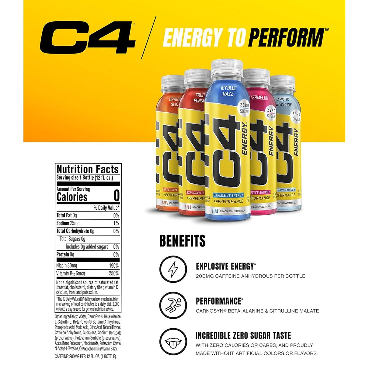Cellucor C4 Energy Non-Carbonated Zero Sugar Energy Drink, Pre Workout Drink + Beta Alanine - Fruit Punch - 12 FL OZ (355 ml) - Pack of 12