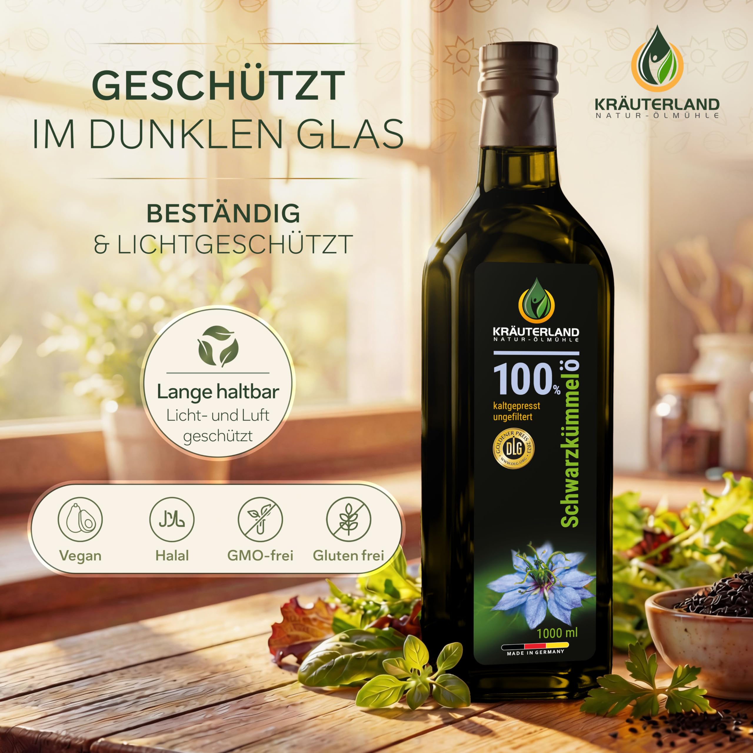 Kräuterland Schwarzkümmelöl 500ml, kaltgepresst & ungefiltert, hoher Thymochinon‑Anteil, ägyptische Samen, mühlenfrisch, 100 % Nigella sativa, naturrein ohne Zusatzstoffe, lichtgeschützten Glas
