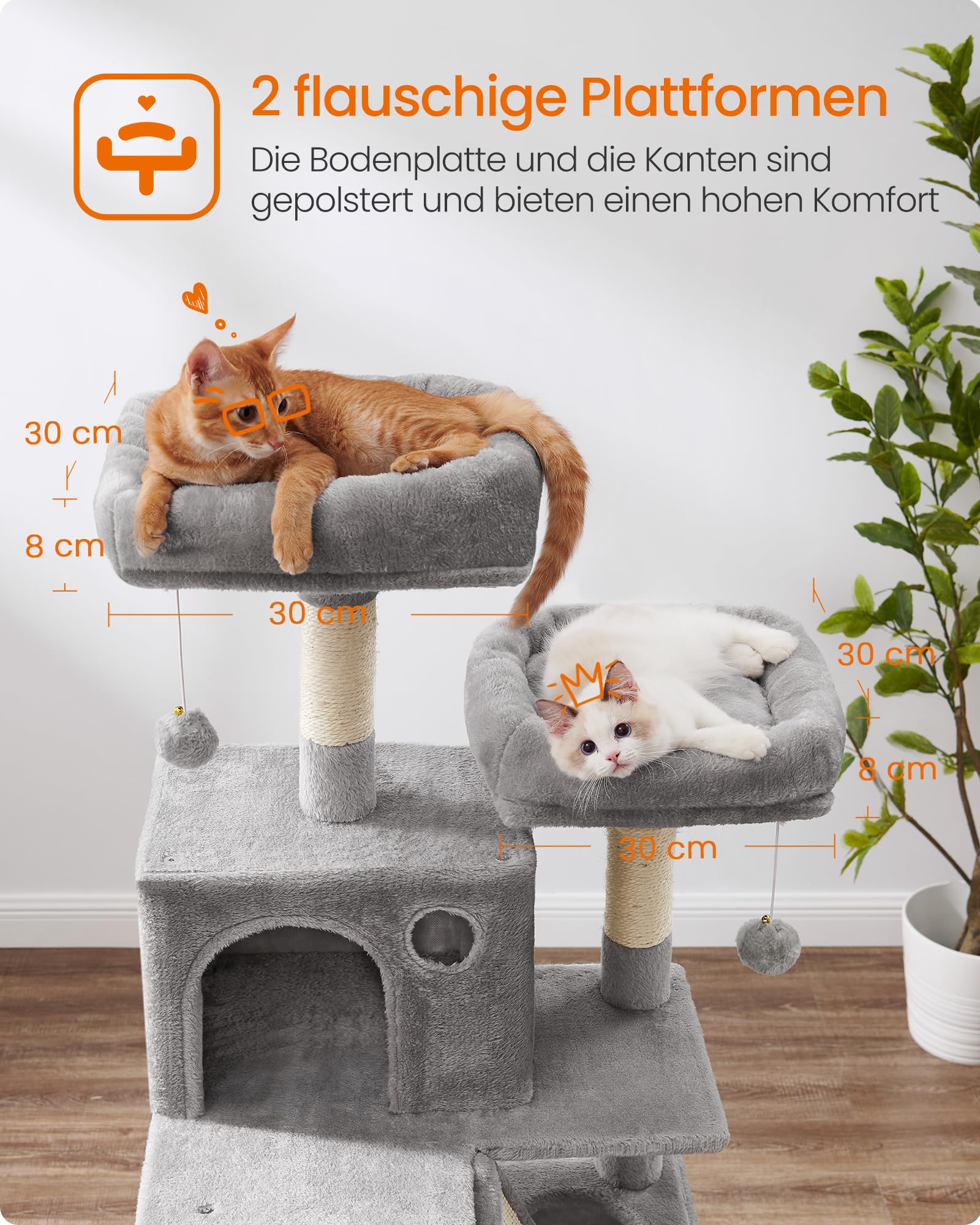 Feandrea Kratzbaum groß, 203,5 cm hoch, XXL Katzenbaum, mit 13 Kratzsäulen, 2 Plattformen, 2 Höhlen, Korb, Hängematte, Plüschbälle, mehrstöckiger Katzenkratzbaum, rauchgrau PCT190G01