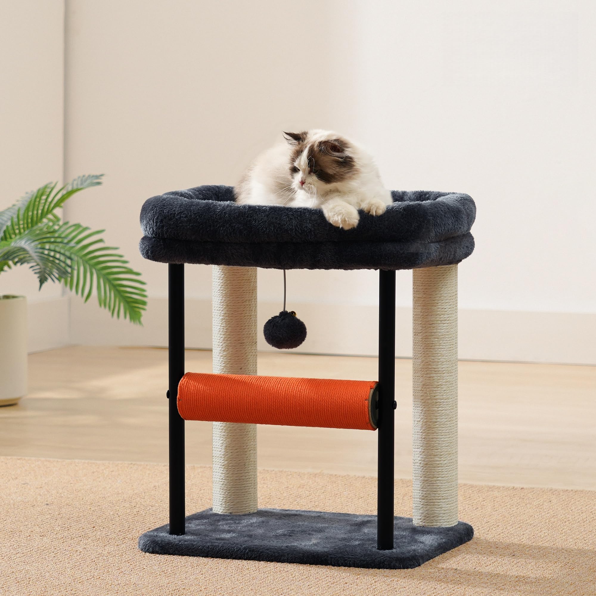 Hey-brother Kratzbaum, 50 cm klein Katzenbaum für Kätzchen, Kratzpfosten mit drehbarer Sisalsäule, geräumiger Plüschplattform, Vollständig sisalumwickelte Säule und Spielbällen, Hellgrau EMPJ010SW