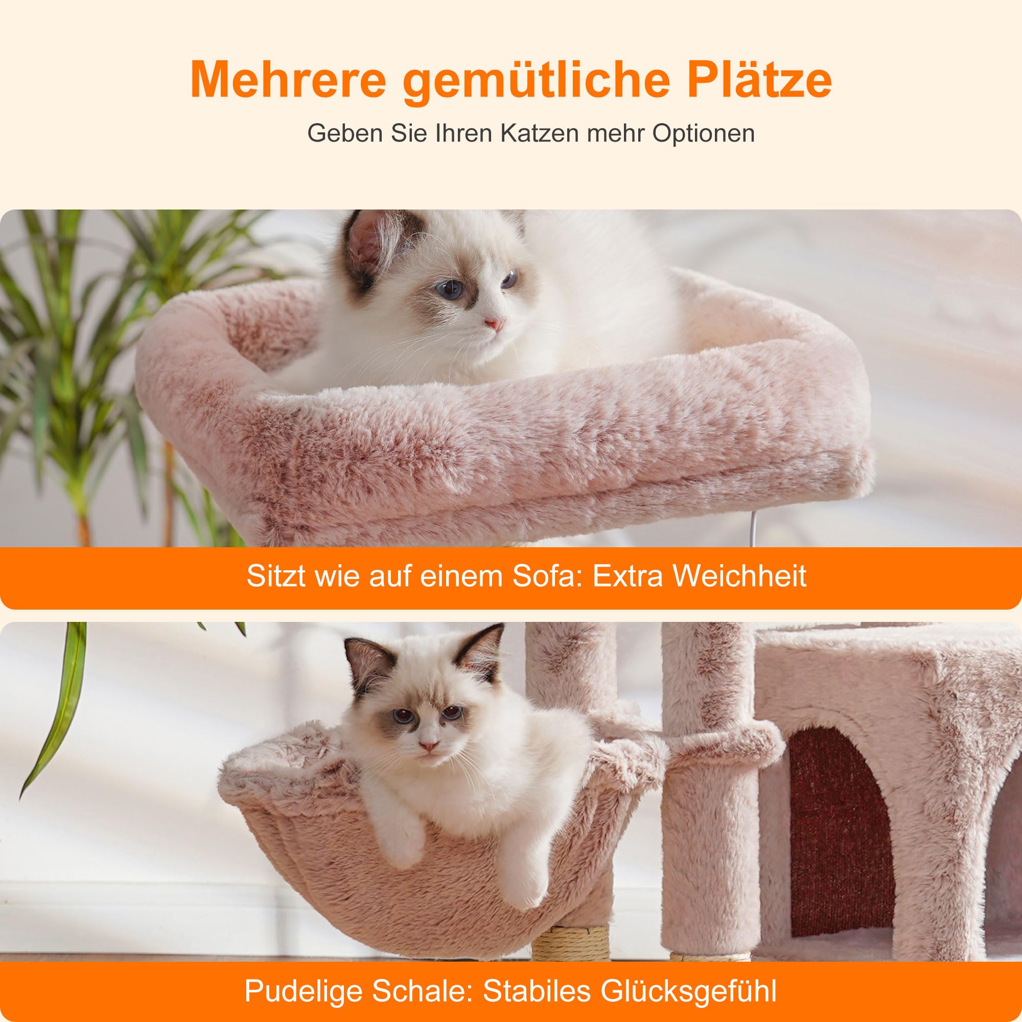 Heybly Kratzbaum mit Katzenbürste, Katzenbaum für Hauskatzen mit Gepolsterter Sitzstange aus Plüsch, Katzenkratzbaum mit Korb, Kratzbrett und Kratzbaum, Hellgrau HCT005SW