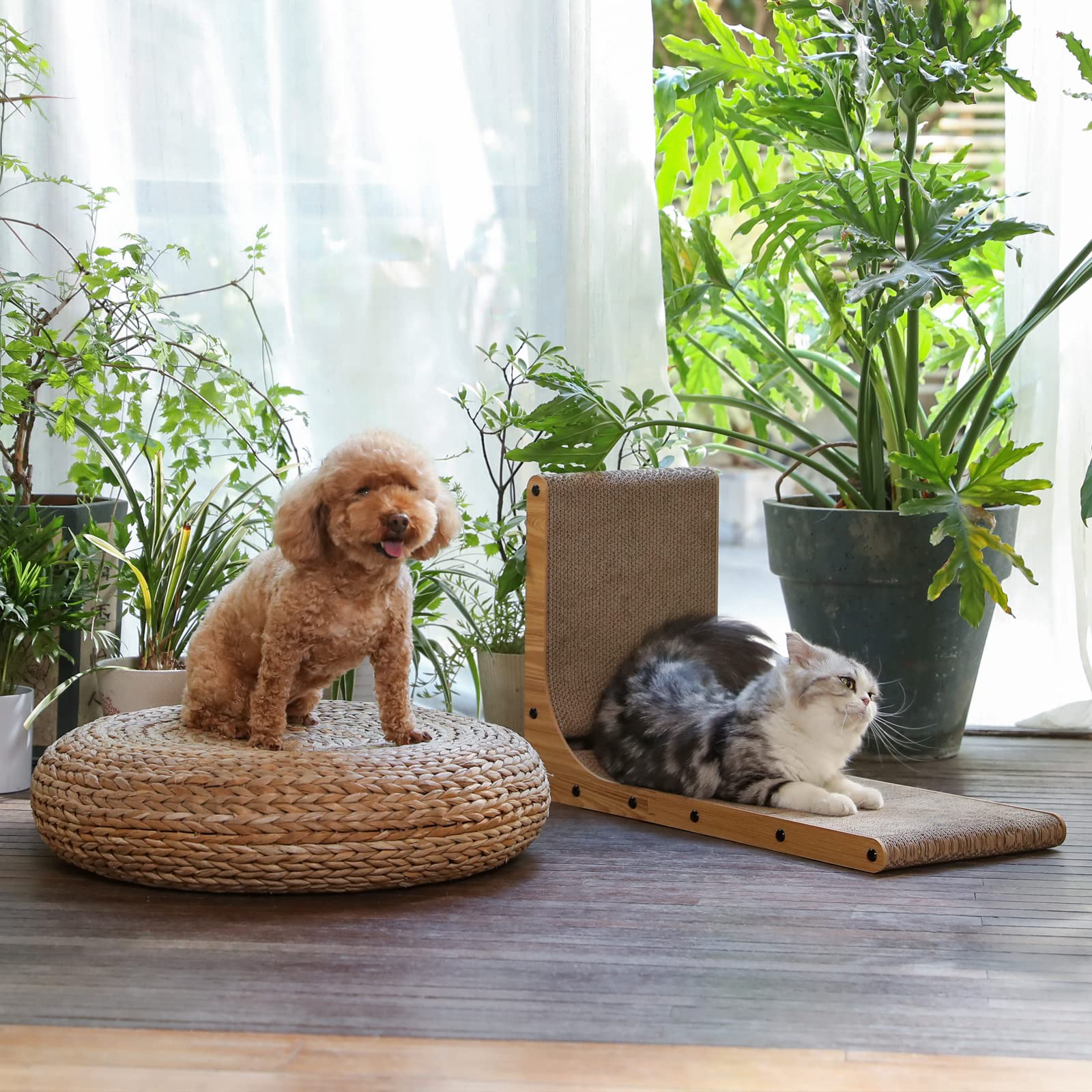 FUKUMARU Kratzbrett Katzen, 68 cm hohe L förmige Kratzpappe für Katzen, widerstandsfähig Katzenkratzbrett mit Ballspielzeug, Kratzmöbel aus hochwertiger Karton für Wand und Ecke, Groß