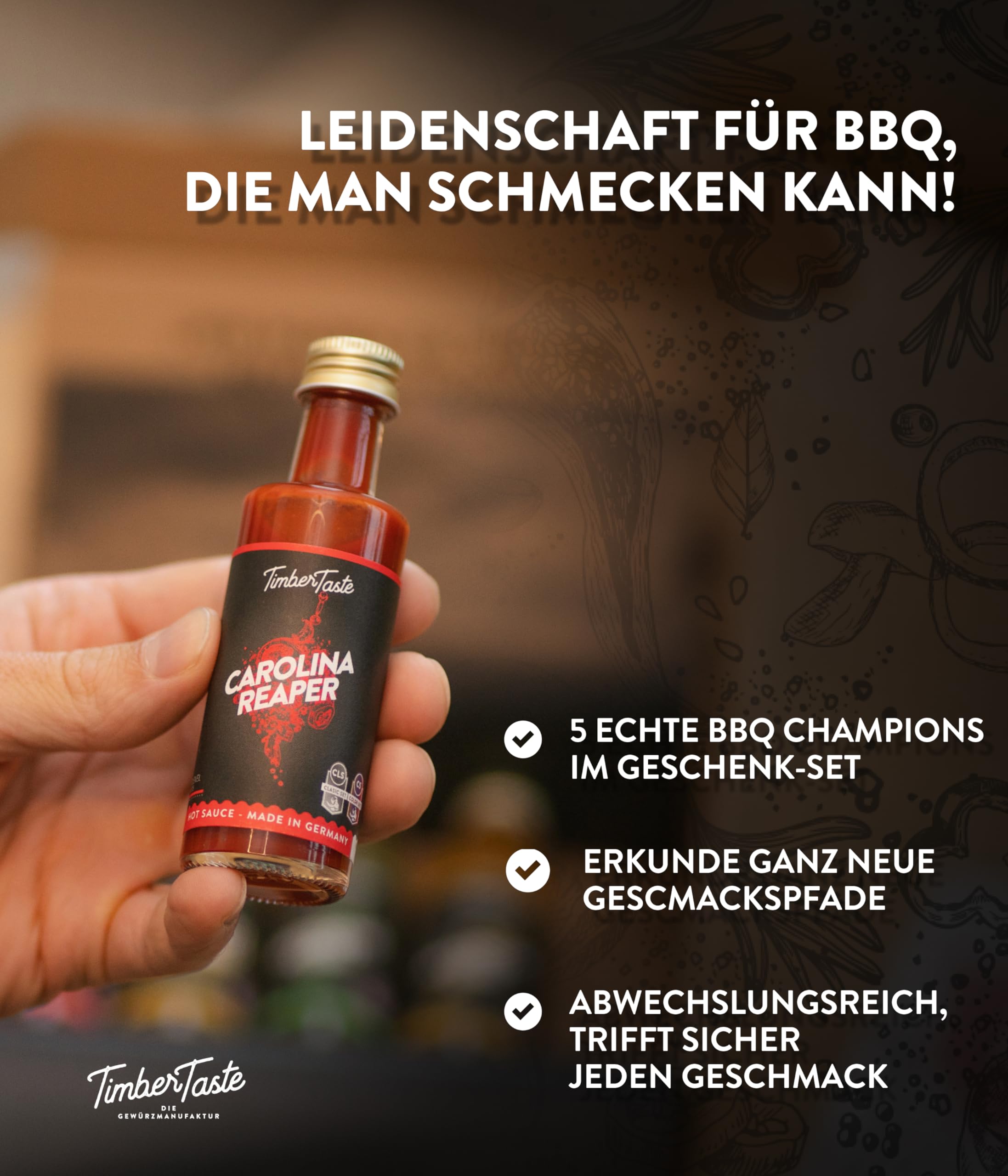 TIMBER TASTE® Chili Geschenkset scharfe Soßen Set - 5 Hot Sauce Set je 40ml in Geschenkverpackung für Liebhaber & Genießer scharfer Saucen | Ostergeschenk Mann | kleine Ostergeschenke Männer