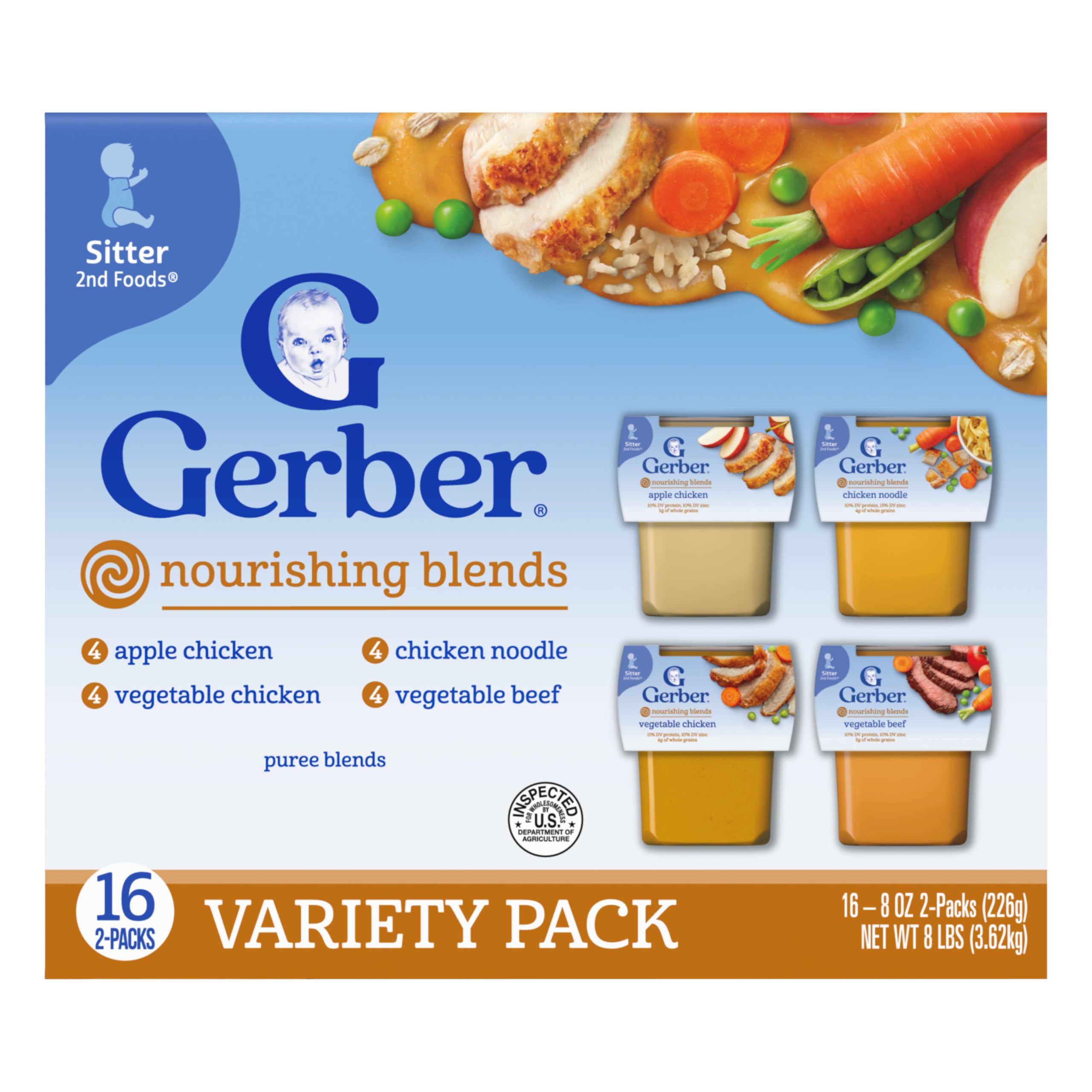 Gerber Stage 2 Baby Food, Nourishing Blends Tubs, Meat Meals Powerblend, Baby Puree, Variety Pack, 32PK
