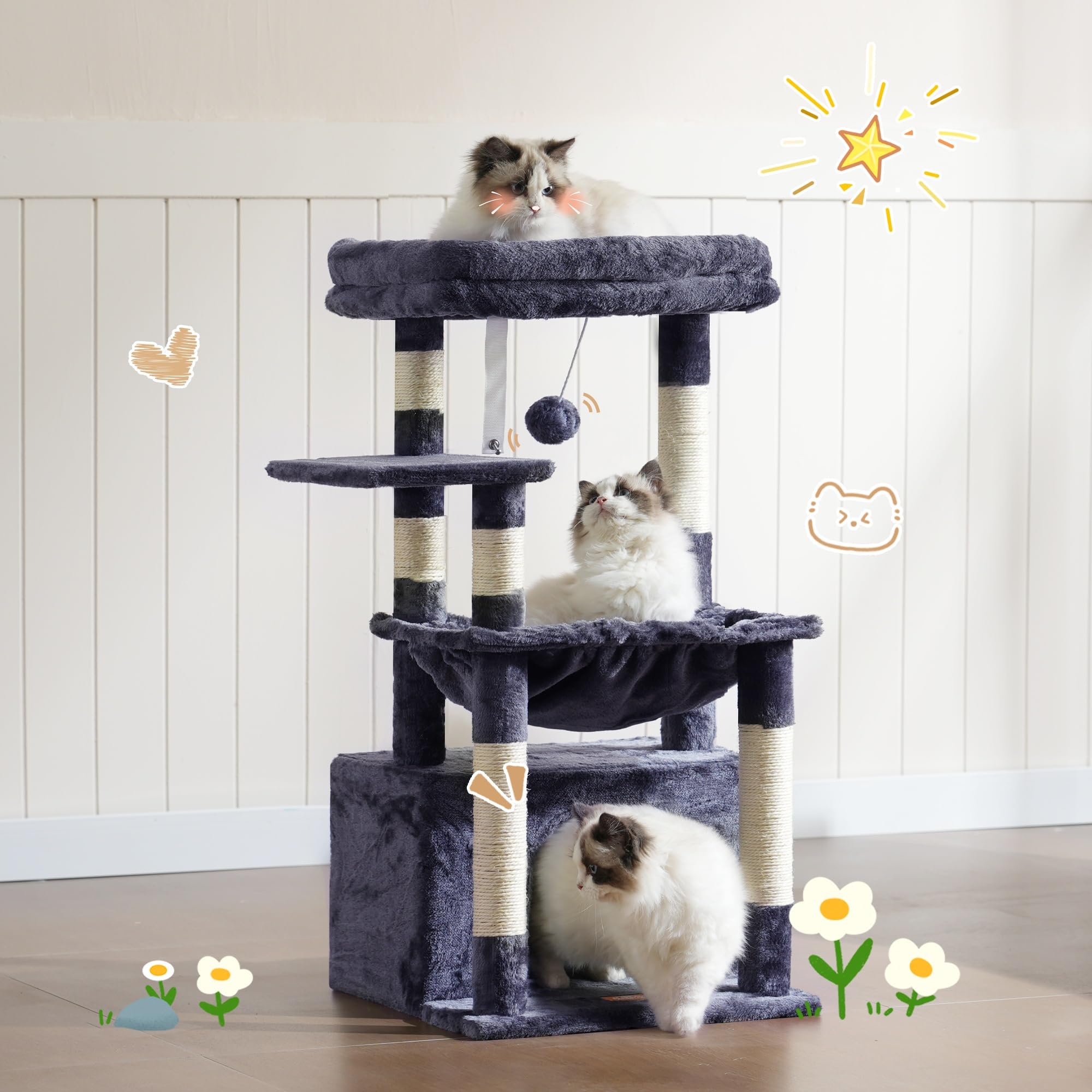 Heybly Kratzbaum, Katzenbaum mit Extra Großem, Weichem Katzenkorb, Katzenkratzbaum mit Geräumigem Katzenbett und Verstecktem Schlafplatz, Robusten Sisal-Kratzsäulen, Hellgrau HCT008SW