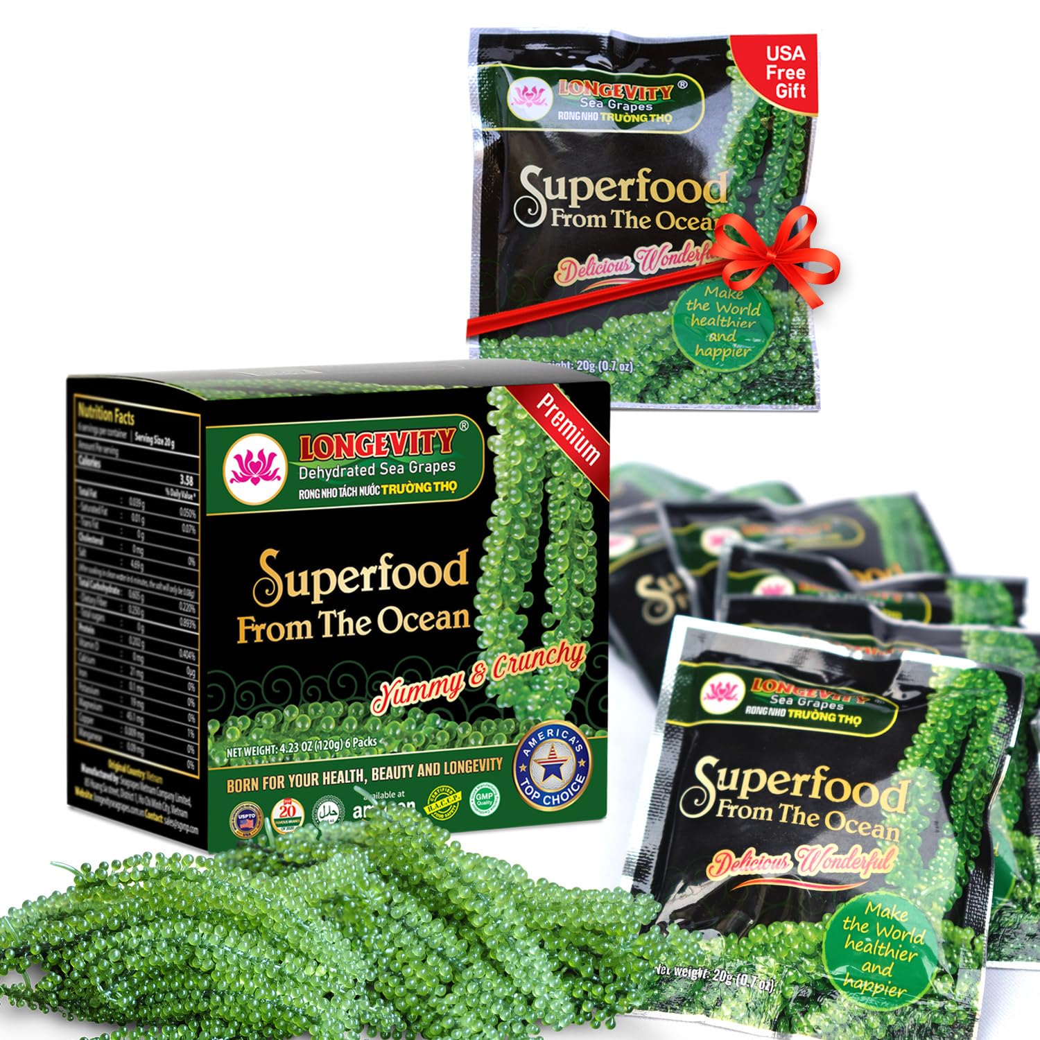 Longevity Meerestraube | Sea Grapes | Umibudo Grape Seaweed 6 x 20G | Rohkost | veganer Kaviar | für knackige Salate