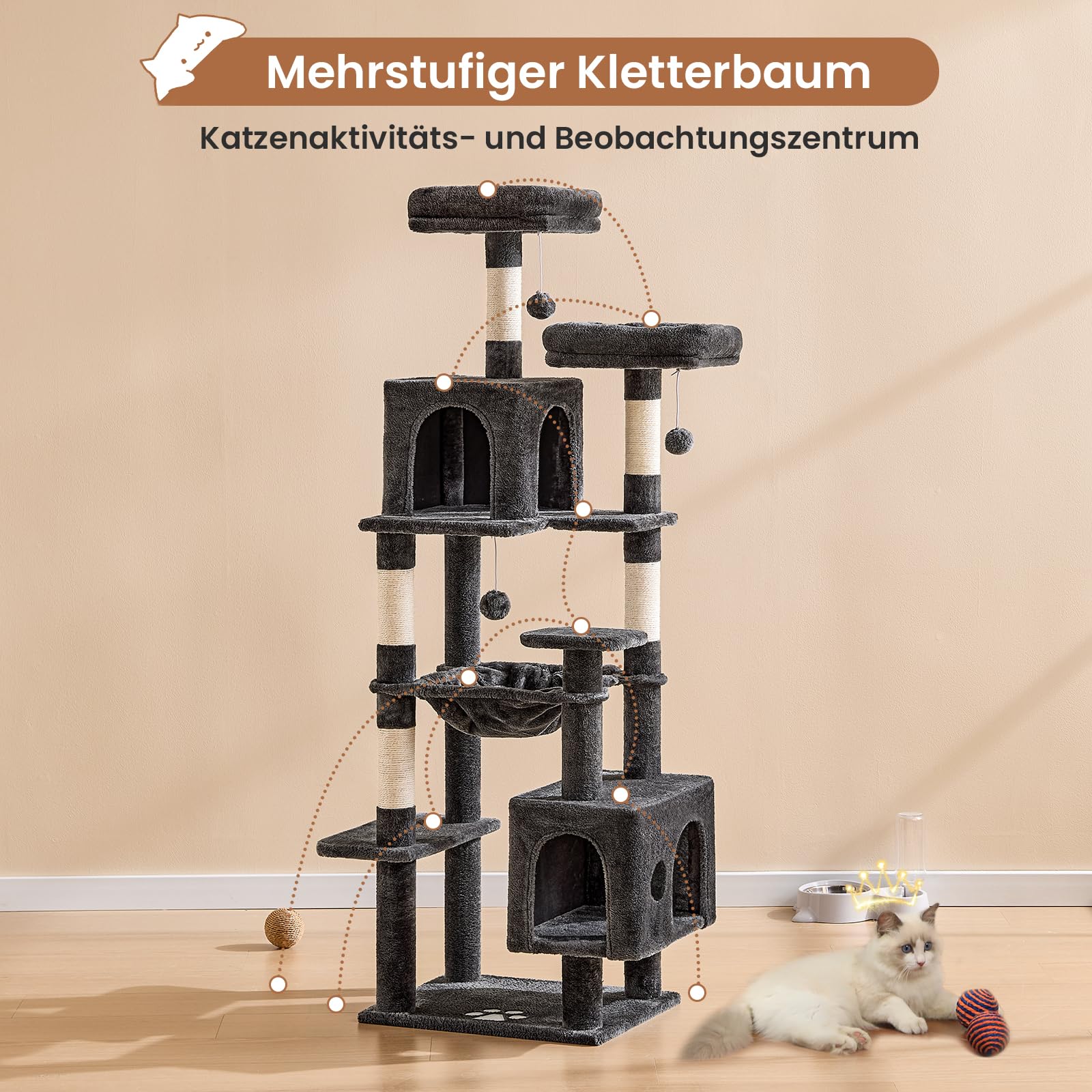 MSmask Kratzbaum groß, L Katzenbaum Stabil, Katzenkratzbaum mit 2 Plattformen, 2 Katzenhöhlen, Hängematte, Sisalsäulen, mehrstöckiger Kletterbaum für Katzen (Hellgrau, 160 cm)