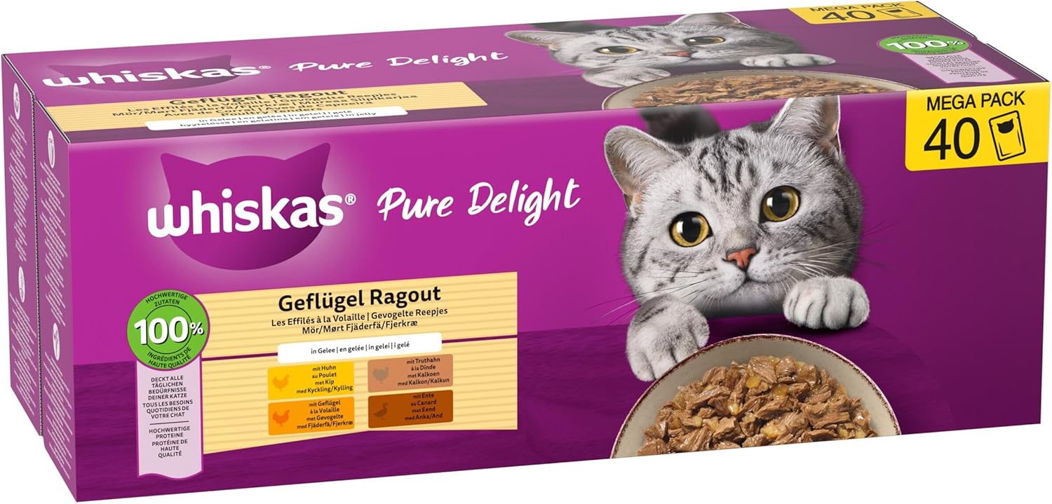Whiskas 1+ Katzennassfutter Ragout Geflügel Auswahl in Gelee, 40x85g (1 Packung) – Hochwertiges Nassfutter für ausgewachsene Katzen in 40 Portionsbeuteln