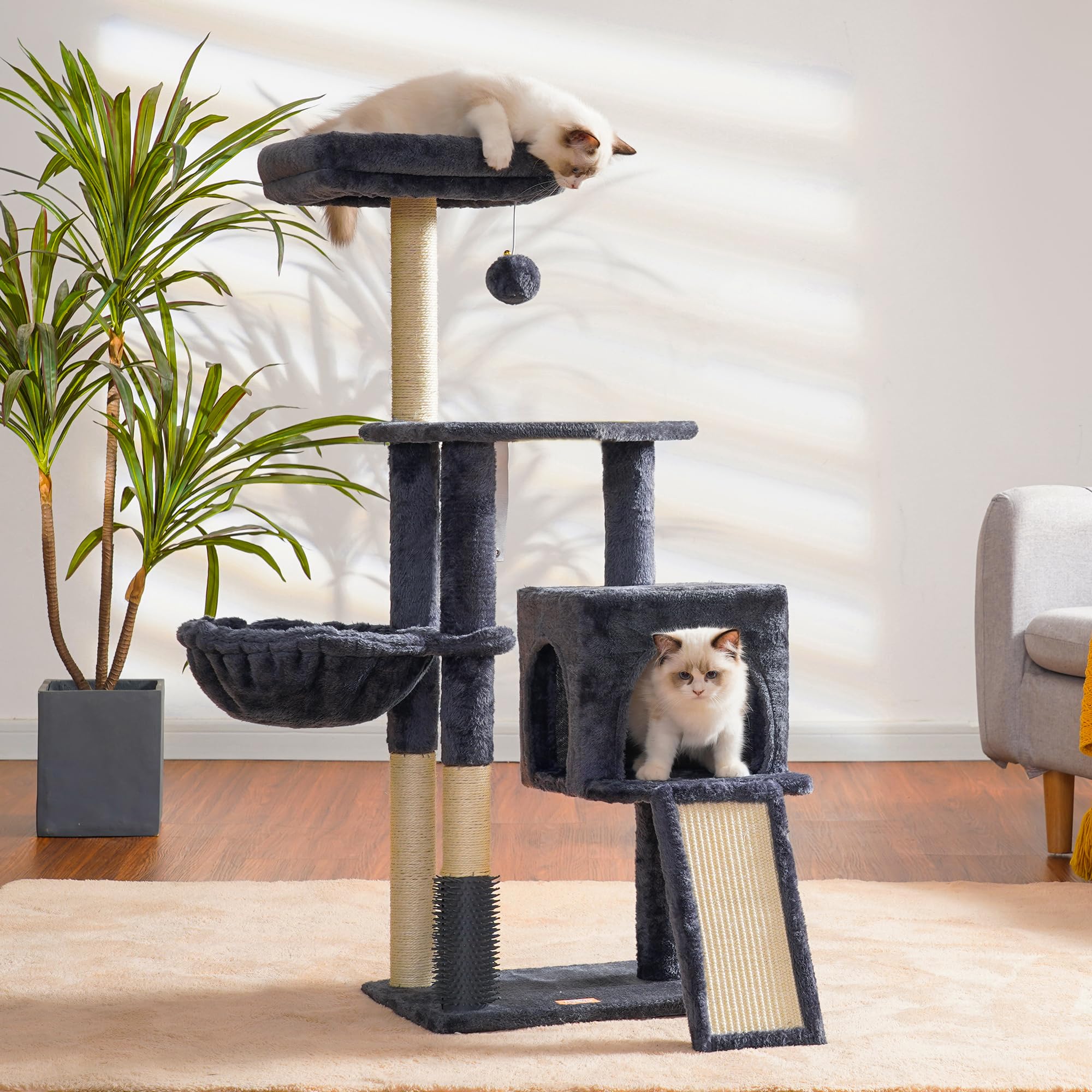 Heybly Kratzbaum mit Katzenbürste, Katzenbaum für Hauskatzen mit Gepolsterter Sitzstange aus Plüsch, Katzenkratzbaum mit Korb, Kratzbrett und Kratzbaum, Hellgrau HCT005SW