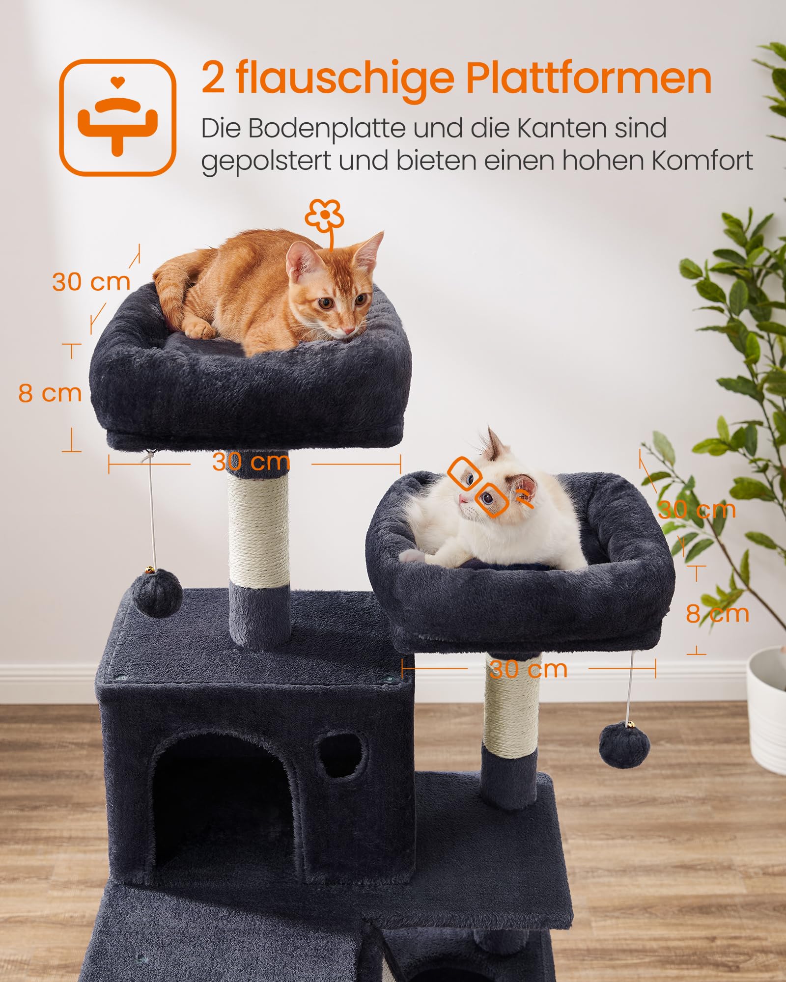 Feandrea Kratzbaum groß, 203,5 cm hoch, XXL Katzenbaum, mit 13 Kratzsäulen, 2 Plattformen, 2 Höhlen, Korb, Hängematte, Plüschbälle, mehrstöckiger Katzenkratzbaum, rauchgrau PCT190G01