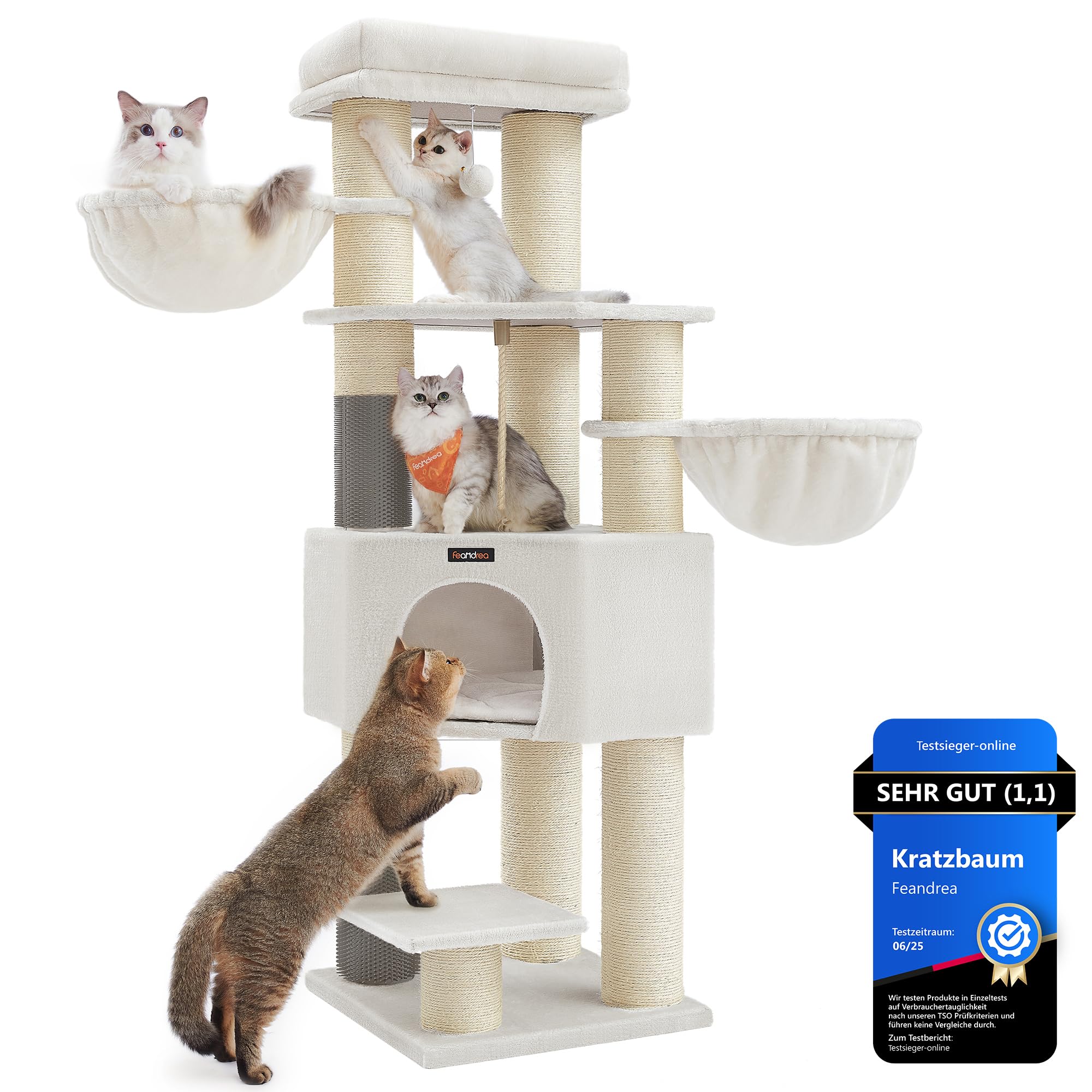 Feandrea Kratzbaum, mit warmen Decken, für große Katze, Katzenbaum, 2 Katzenbürsten, 11,1 cm d Dicke Stämme, große Plattformen, Höhle, 50 x 50 x 160 cm, Taubengrau-schwarz PCT003W01