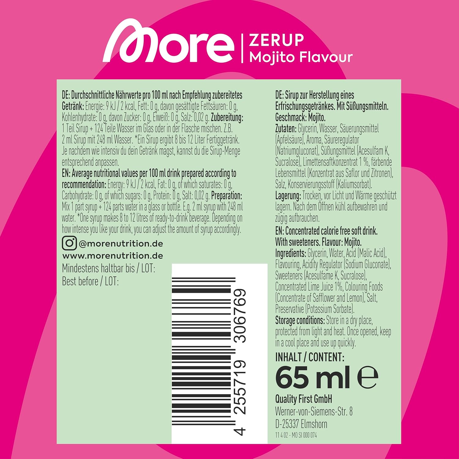 MORE Zerup, Peach Iced Tea, 65 ml, für bis zu 8 l Fertiggetränk, zuckerfreier Sirup mit u.a. echten Fruchtextrakten, vegan, zero Kalorien - made in Germany