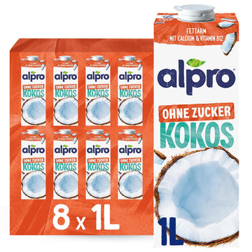 Alpro Kokosnussdrink ohne Zucker – Ohne Süßstoffe – Vegan und milchfrei – Von Natur aus laktosefrei und fettarm – Reich an Calcium und Vitaminen – 8 x 1 L