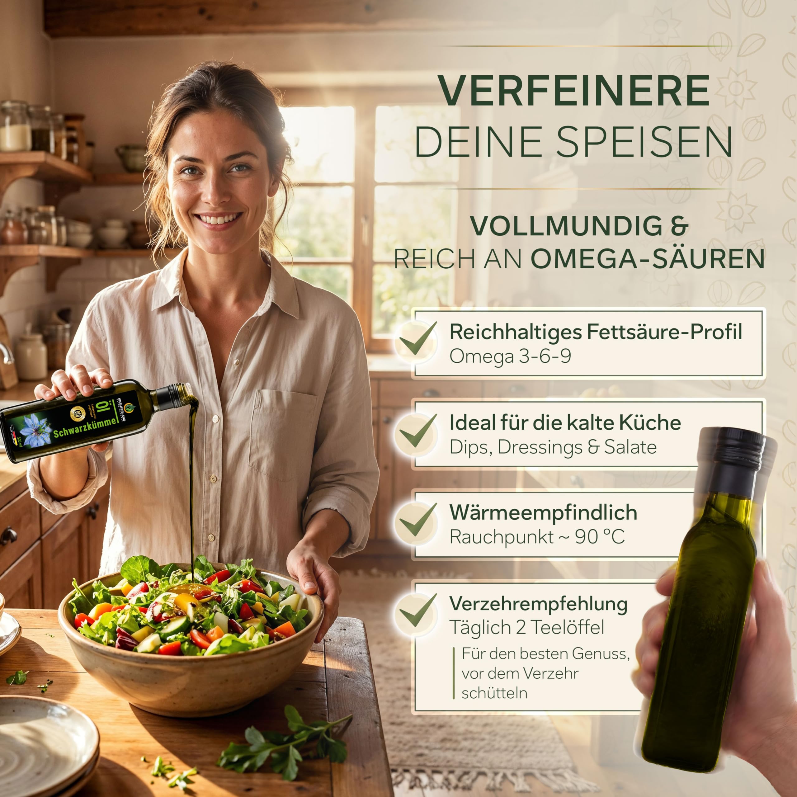 Kräuterland Schwarzkümmelöl 500ml, kaltgepresst & ungefiltert, hoher Thymochinon‑Anteil, ägyptische Samen, mühlenfrisch, 100 % Nigella sativa, naturrein ohne Zusatzstoffe, lichtgeschützten Glas