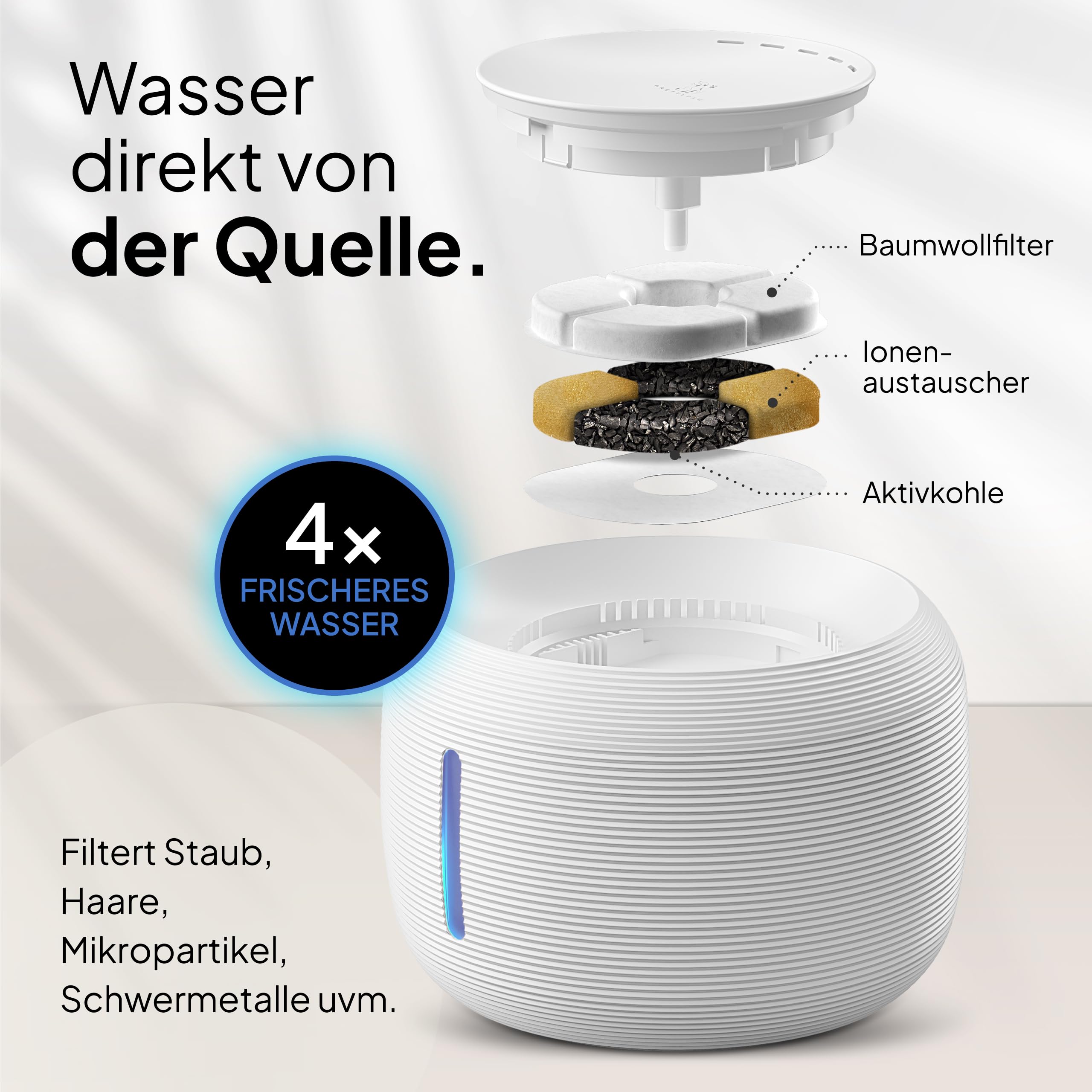 Pretty Paw Trinkbrunnen für Katze – Flüsterleiser 2,5L Katzenbrunnen mit LED & Aktivkohlefilter - BPA-frei & leicht zu reinigen - Hochwertige Lösung zum fairen Preis - KatzenOase Pro
