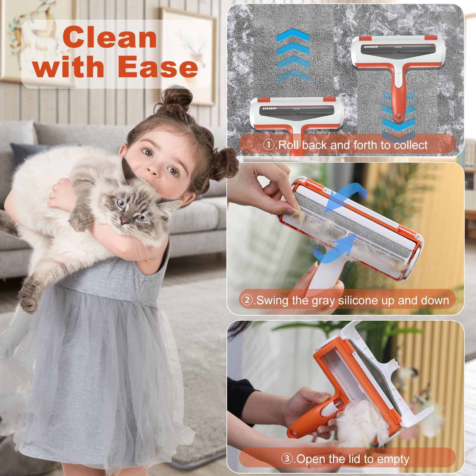ACE2ACE Tierhaarentferner Fusselrolle, Fusselrolle für Hundehaare und Katzenhaare Wiederverwendbar, Fusselbürste für Tierhaar, für Sofa, Bett, Teppich, Kratzbaum, weiß