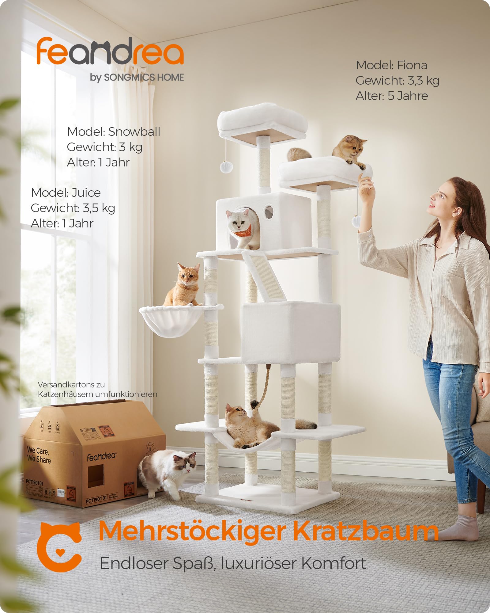 Feandrea Kratzbaum groß, 203,5 cm hoch, XXL Katzenbaum, mit 13 Kratzsäulen, 2 Plattformen, 2 Höhlen, Korb, Hängematte, Plüschbälle, mehrstöckiger Katzenkratzbaum, rauchgrau PCT190G01