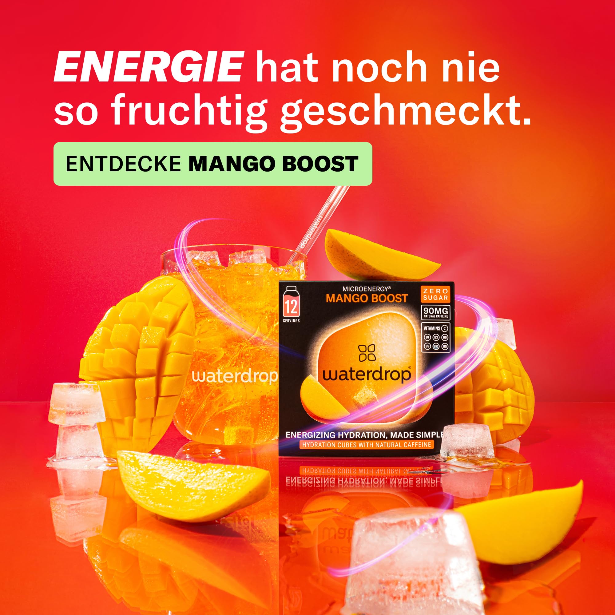 waterdrop® Microenergy Set, Energy Drink Pulver, 36 Würfel Getränkepulver, Mango, Kirsche & Brombeere Geschmack, Zuckerfrei & Kalorienarm, Mit 90 mg Natürlichem Koffein, Vitamin C & B – Flavour Drops