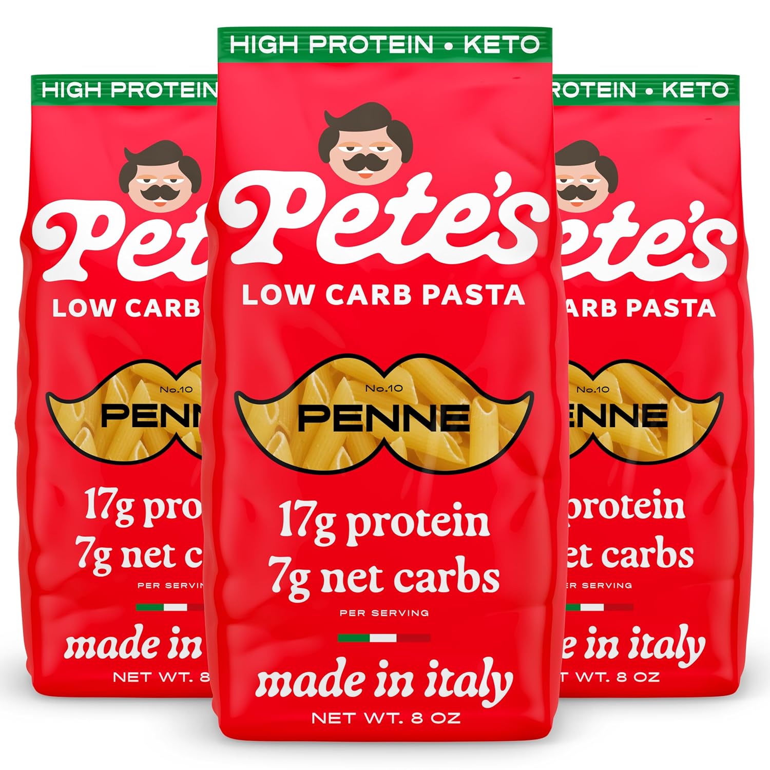 High Protein, Low Carb Pasta Variety | Penne, Rotini, Elbow Macaroni with 17g Protein, 7g Carbs | Healthy, Keto Pasta Made in Italy | 3-Pack, 8oz - Pete’s Pasta