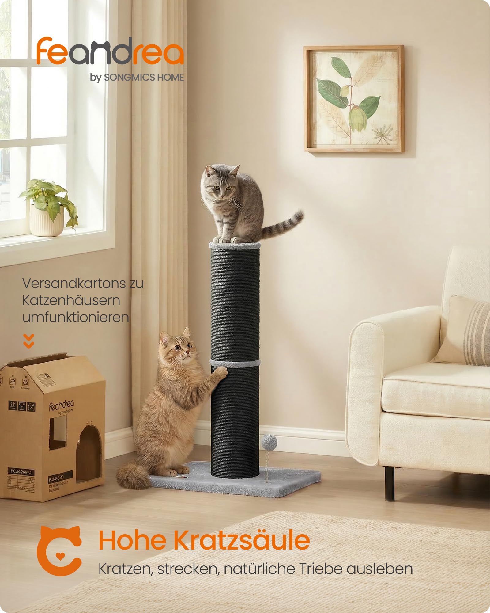 Feandrea Kratzbaum, 85 cm hoch, Kratzsäule XL, 13 cm Dicker Stamm, Katzenbaum, Kratzstamm für mittelgroße und große Katzen, Sisalstamm, mit Plüschball und Glocke, Taubengrau PCA041G01