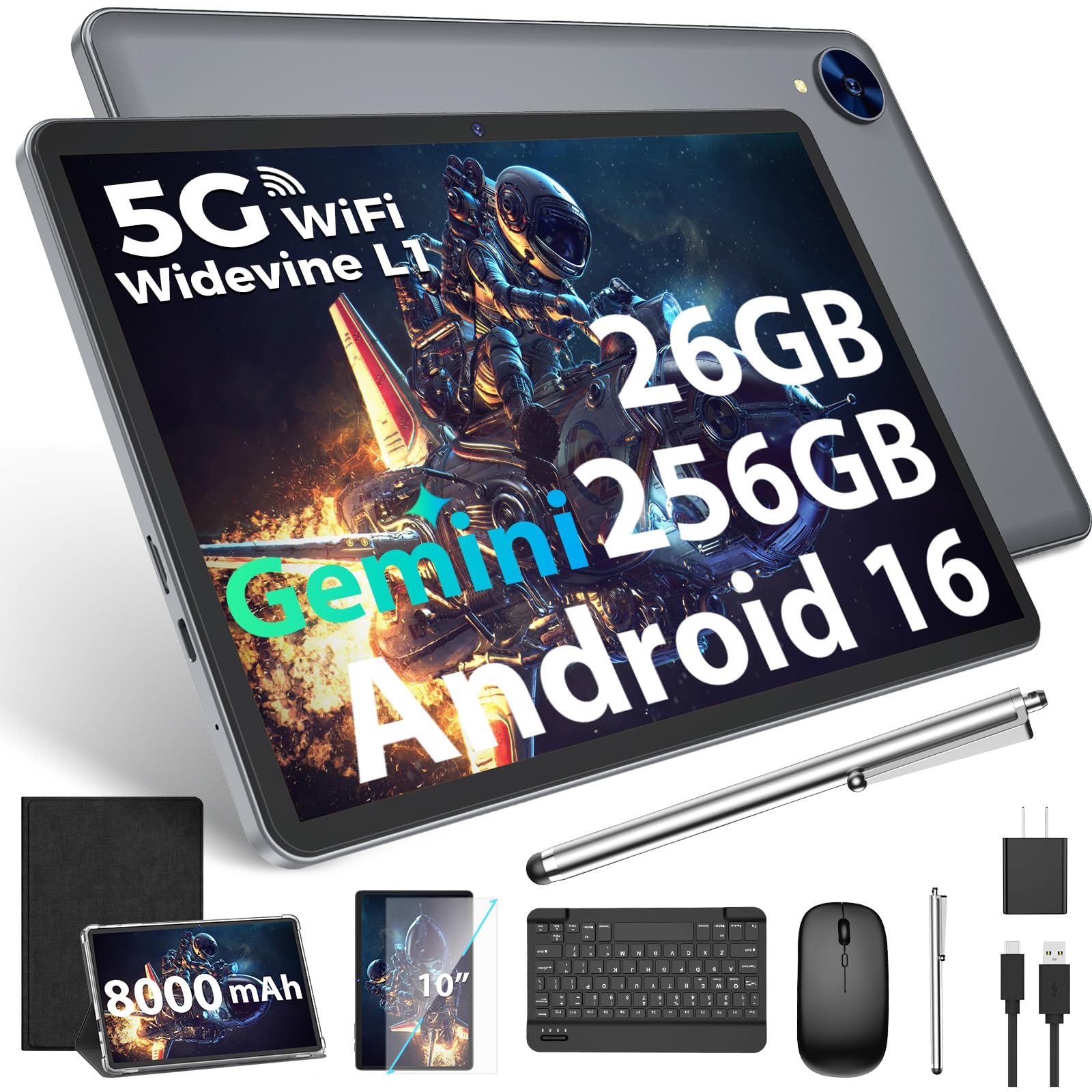 2026 Gemini AI Android 16 Tablet, 10 inch Tablet with Keyboard, 26GB+256GB (2TB Expand), 2-in-1 Tablets with 8-Core, 5G WiFi, 8000mAh, GMS, GPS, Electronic Tablets PC with Mouse, Case, Stylus (Black)