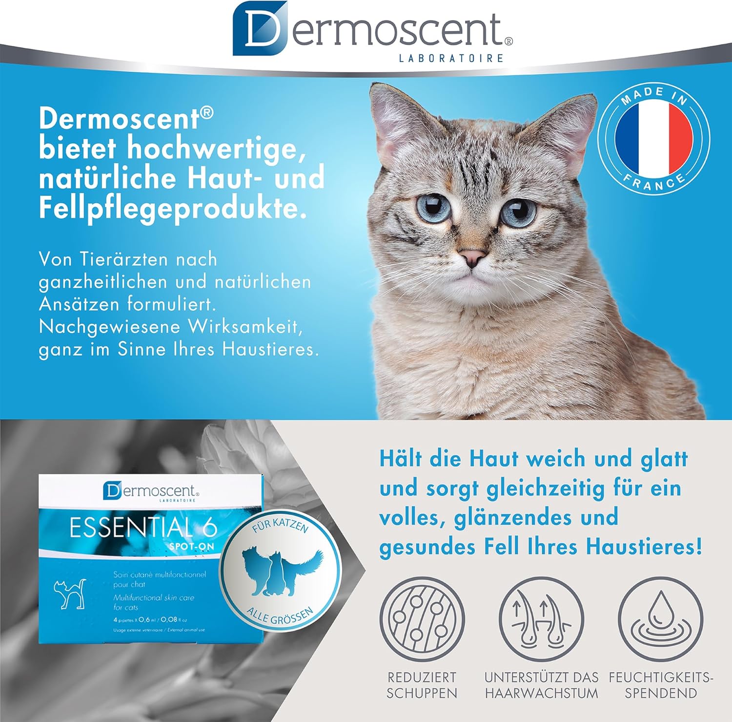 Essential 6 Spot-On | Innovatives Hautpflegeprodukt für Katzen | Hält die Haut feucht, das Fell glänzend, kontrolliert den Haarausfall, reduziert Gerüche und schützt mit natürlichen Inhaltsstoffen