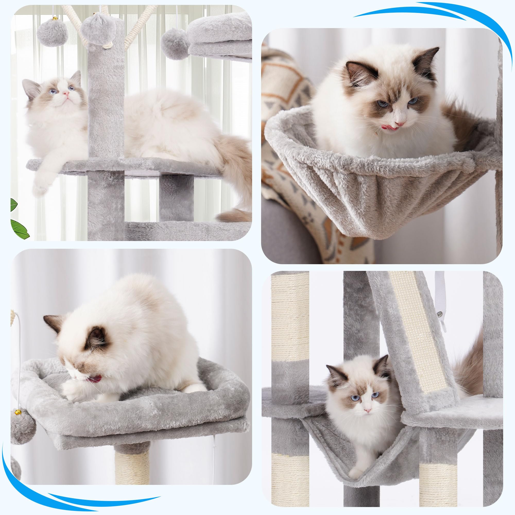 Hey-Brother Kratzbaum, 135 cm Indoor Katzenbaum, Mit gepolsterter Plattform Bett, Spielzeug Ball, Höhlen, Hängematte und Sisal Kratzbaum Katzenhaus, Hellgrau MPJ019-SW