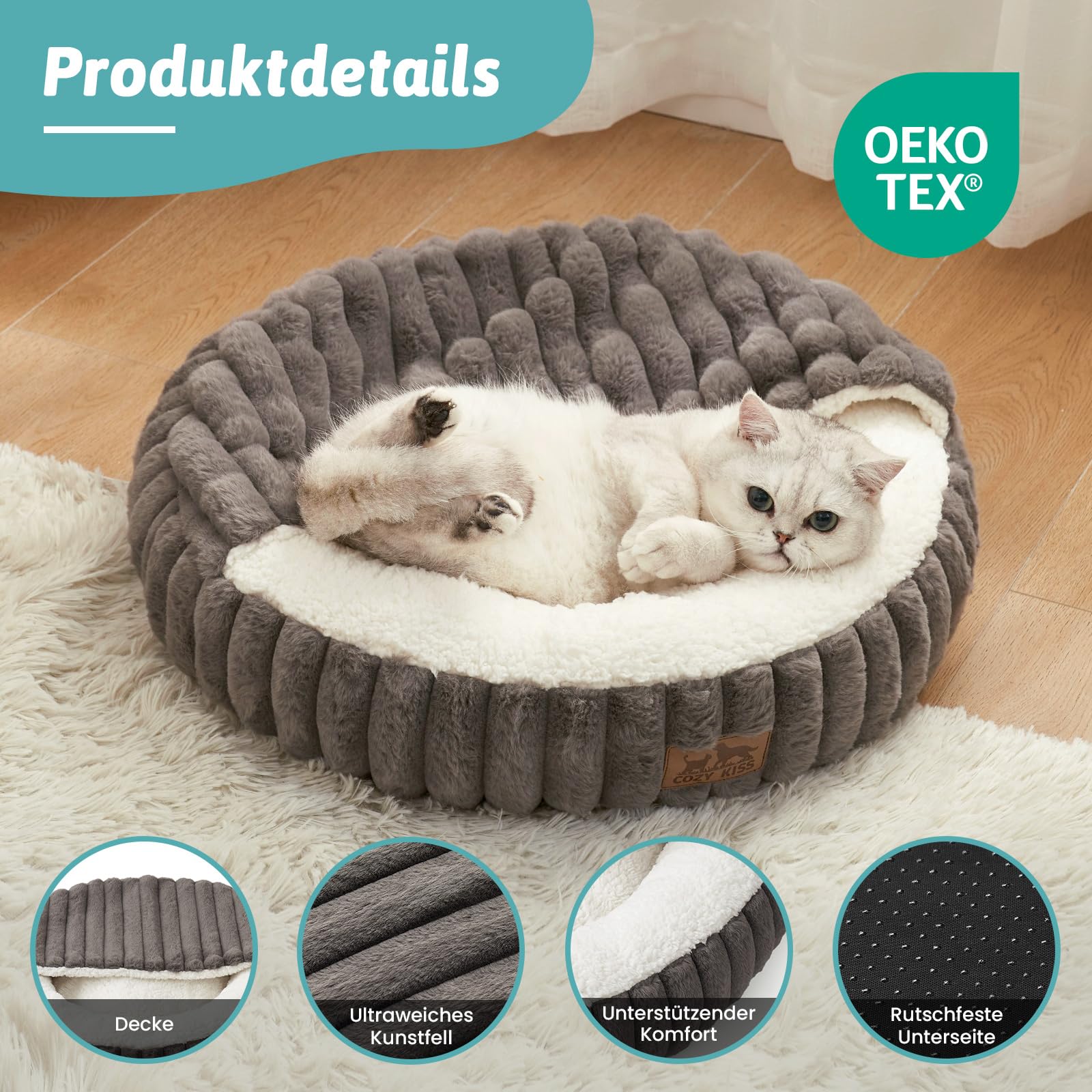 COZY KISS Katzenbett mit Decke 50x50x15cm - Flauschige Kleine Katzenhöhle - Kissen, Runde kleine Hundebett mit Rutschfester Unterseite, Katzensofa mit Kopfstütze aus Kunstfell, Waschbares, Creme