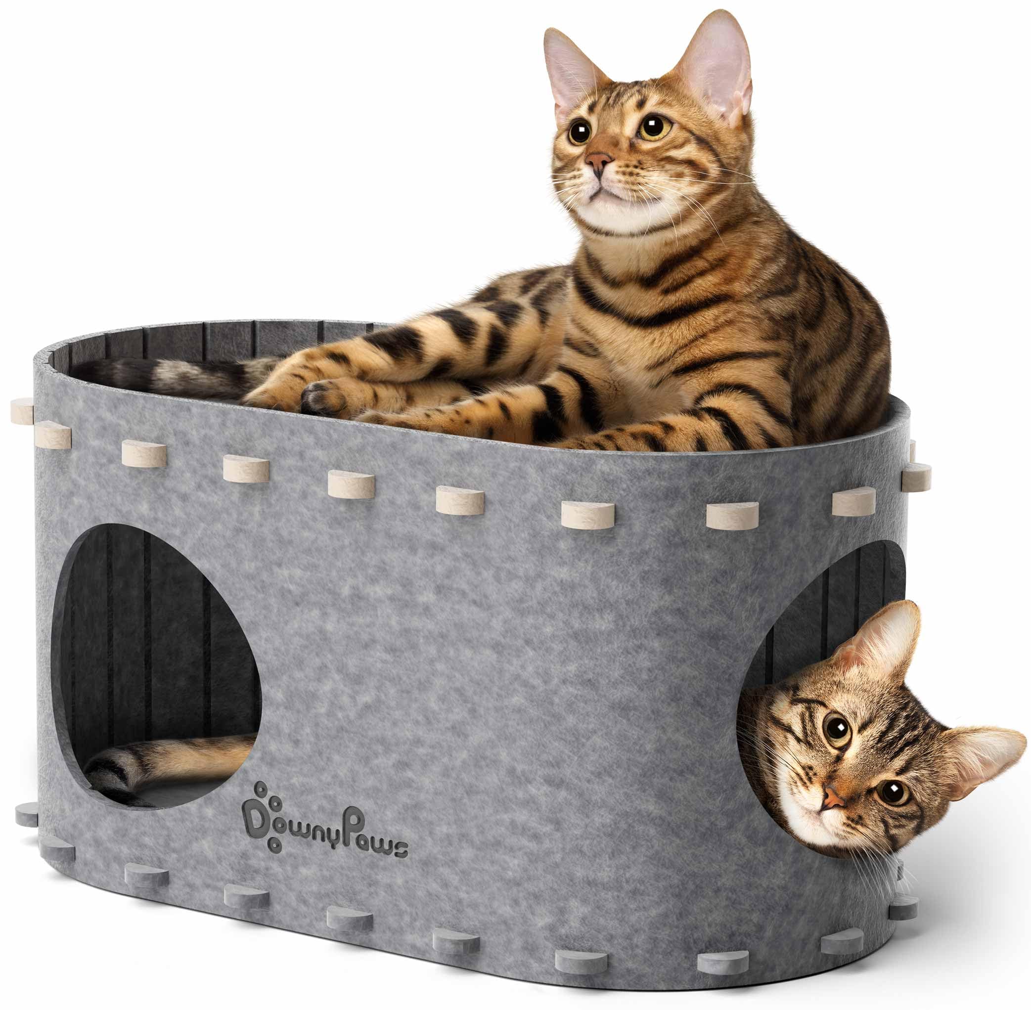 Katzenhöhle Filz, Katzenhaus aus Filz, Katzenbett, Katzenhöhle für Katzen, 58 x 33 x 30cm, Peek-a-Boo zum Spielen, Winterfest, Schutz der Katzennägel, Beige