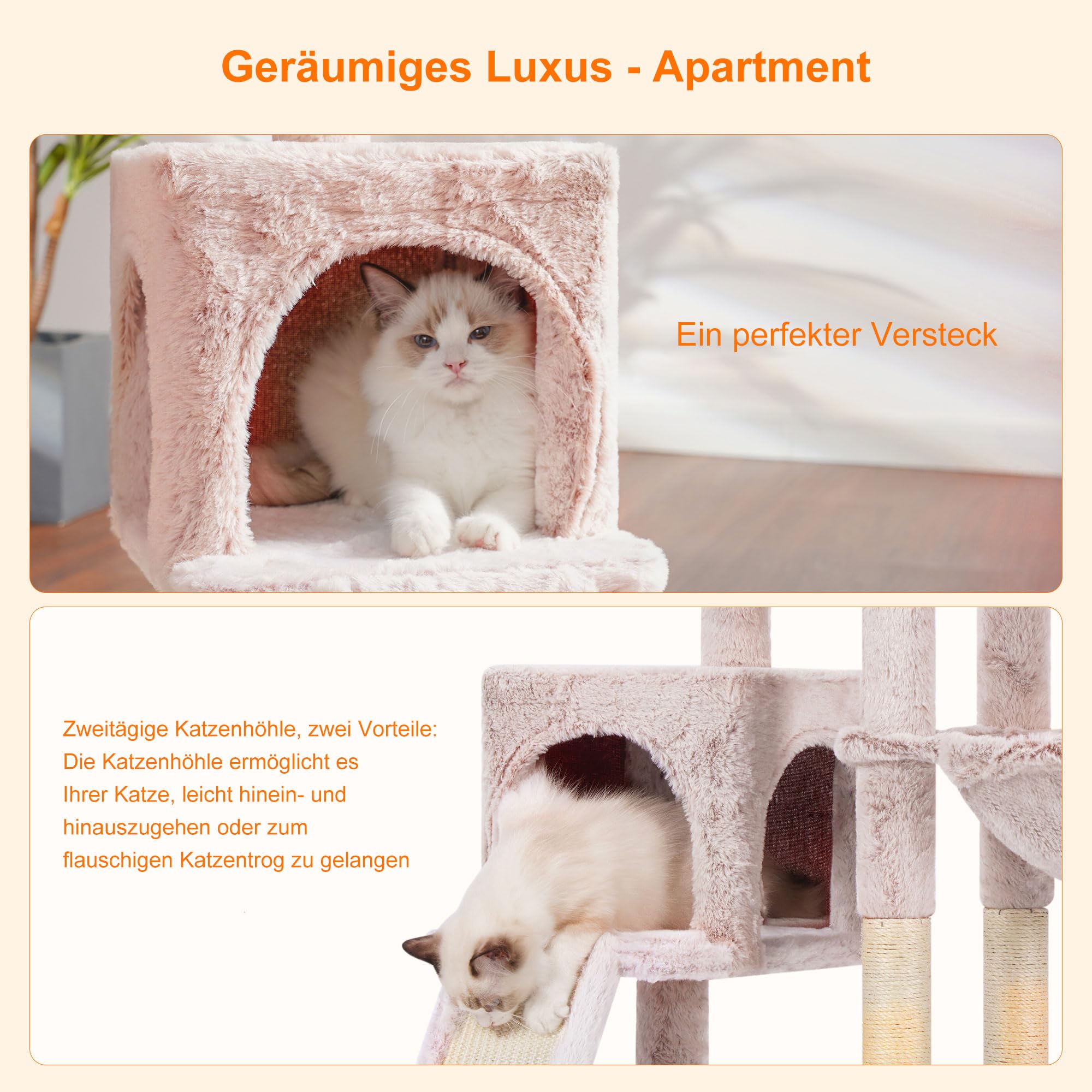 Heybly Kratzbaum mit Katzenbürste, Katzenbaum für Hauskatzen mit Gepolsterter Sitzstange aus Plüsch, Katzenkratzbaum mit Korb, Kratzbrett und Kratzbaum, Hellgrau HCT005SW