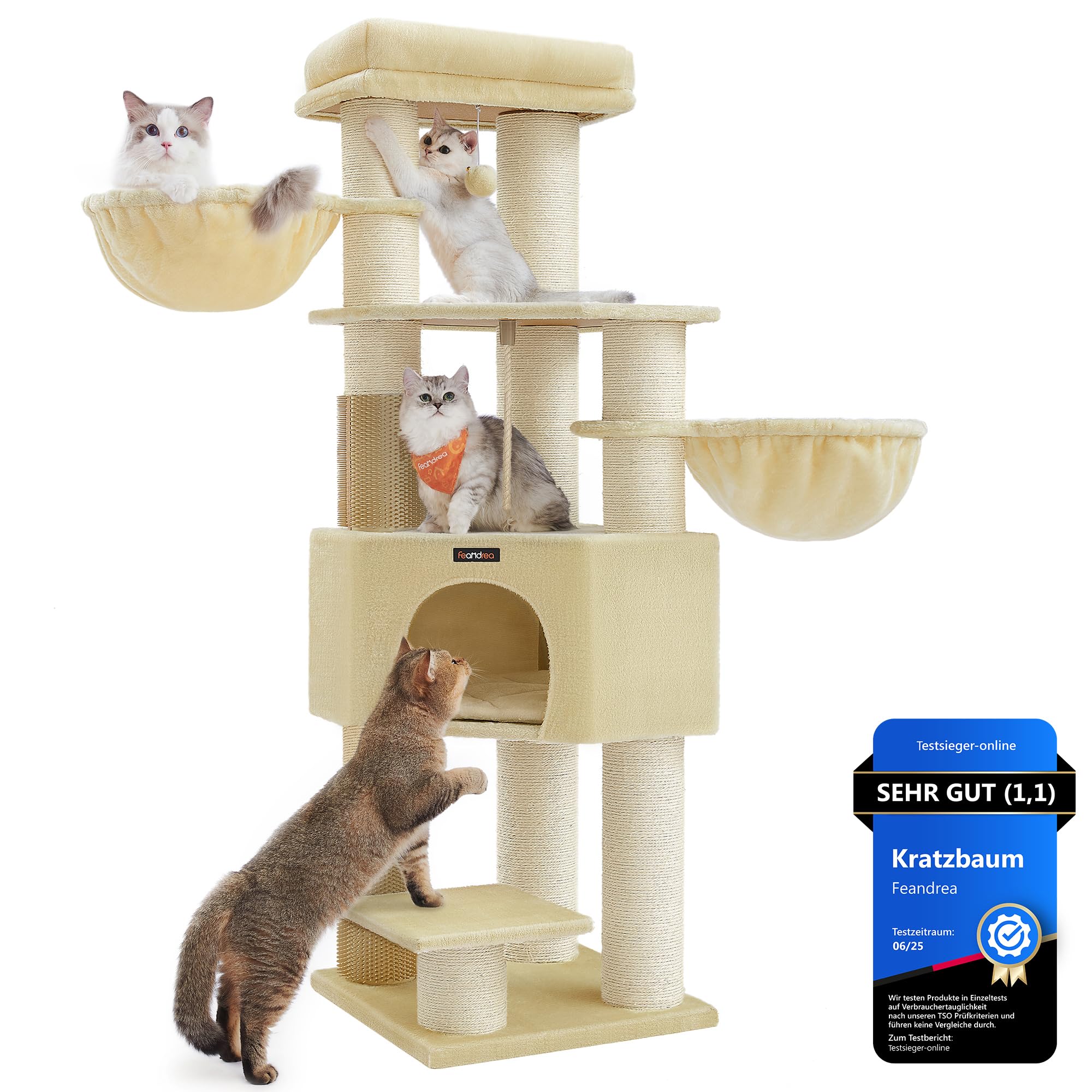 Feandrea Kratzbaum, mit warmen Decken, für große Katze, Katzenbaum, 2 Katzenbürsten, 11,1 cm d Dicke Stämme, große Plattformen, Höhle, 50 x 50 x 160 cm, Taubengrau-schwarz PCT003W01