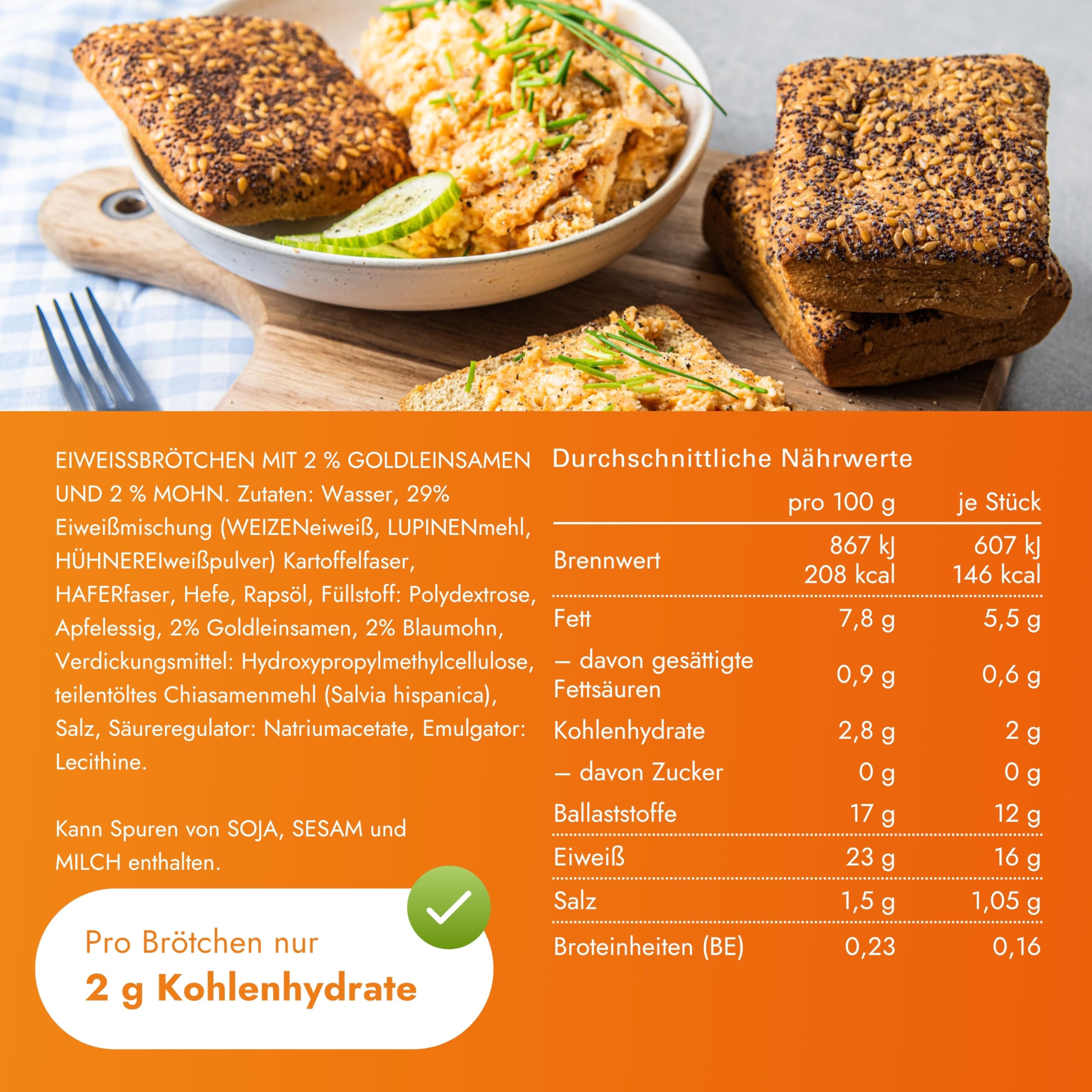 STEINER´s Low Carb High Protein Saatenbrötchen | 92% weniger Kohlenhydrate | high protein | nur 2,8g Kohlenhydrate | 23g Eiweiß (4er Pack, 16 Stk.)