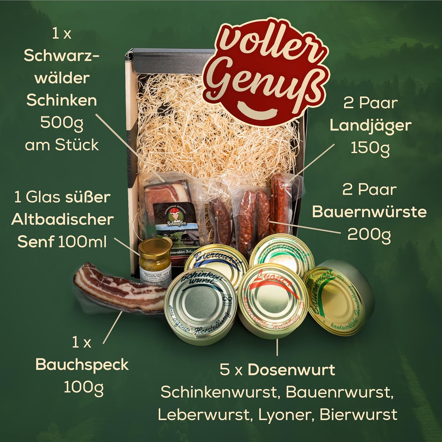 Schwarzwald Metzgerei - Geschenkset "Dosenwurst und mehr" mit verschiedenen Wurtsspezialitäten, Altbadischem Senf, Schinken und Speck - 10-teilig