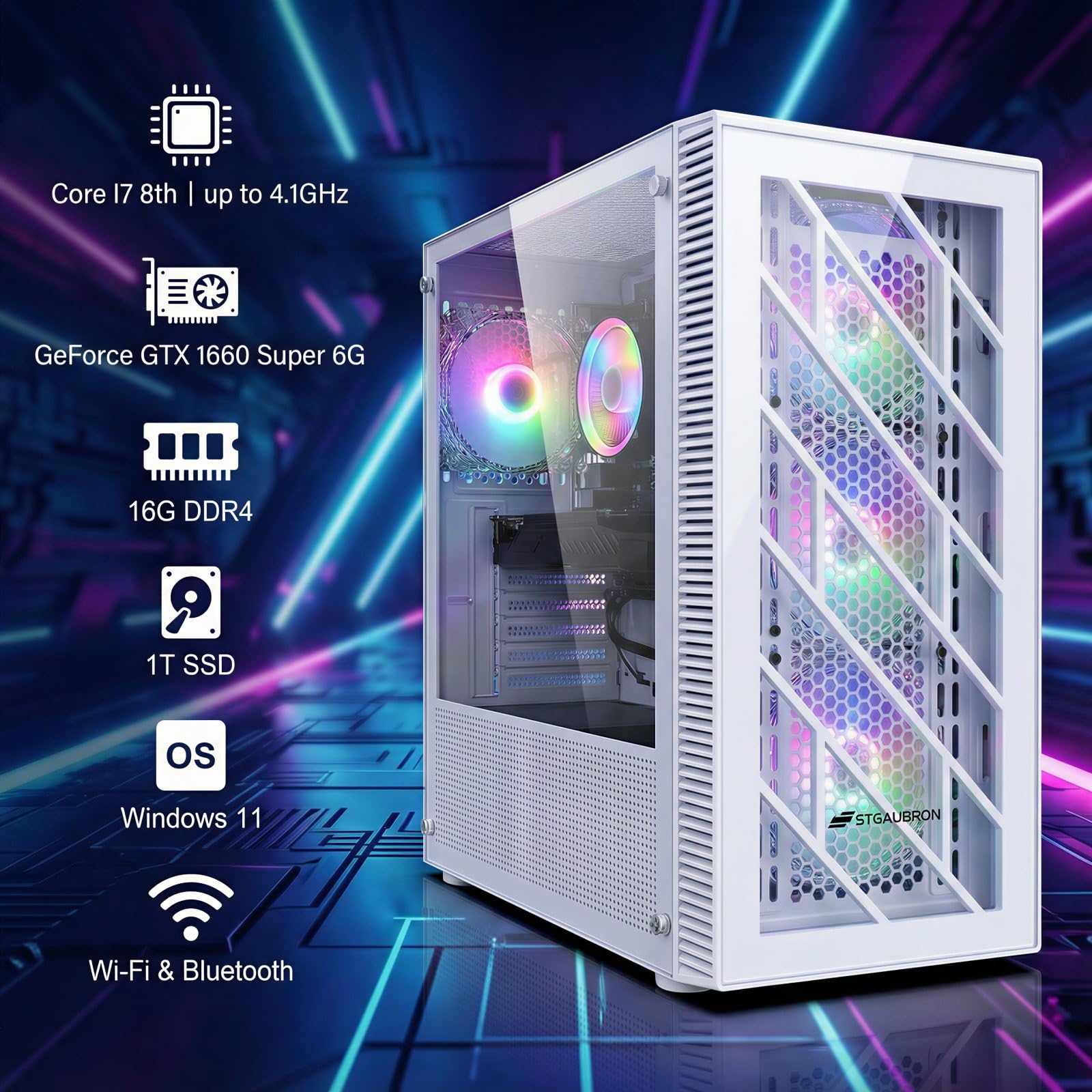 STGAubron Prebuilt Gaming PC Desktop, Radeon RX 550 4G, Intel Core i5 up to 3.6GHz, 16G RAM, 512G SSD, WiFi 6, BT 5.0, RGB Fan x2, Windows 11 Home