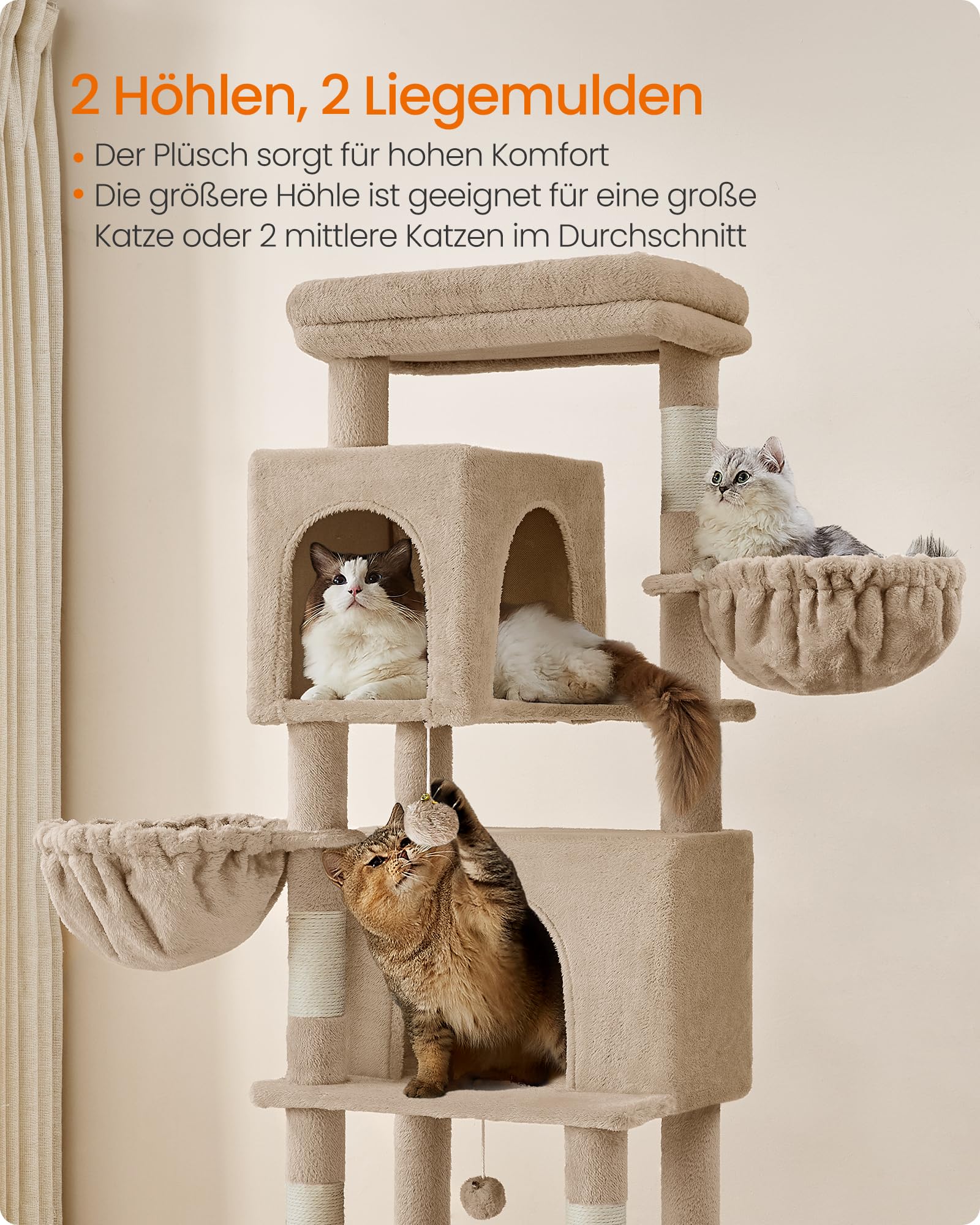 Feandrea Kratzbaum, 175 cm hoch, XL, mehrstöckiger Katzenbaum mit 2 Höhlen, 2 Liegemulden, 5 Kratzsäulen, Katzenbürste, große Plattform, Taubengrau PCT182G01