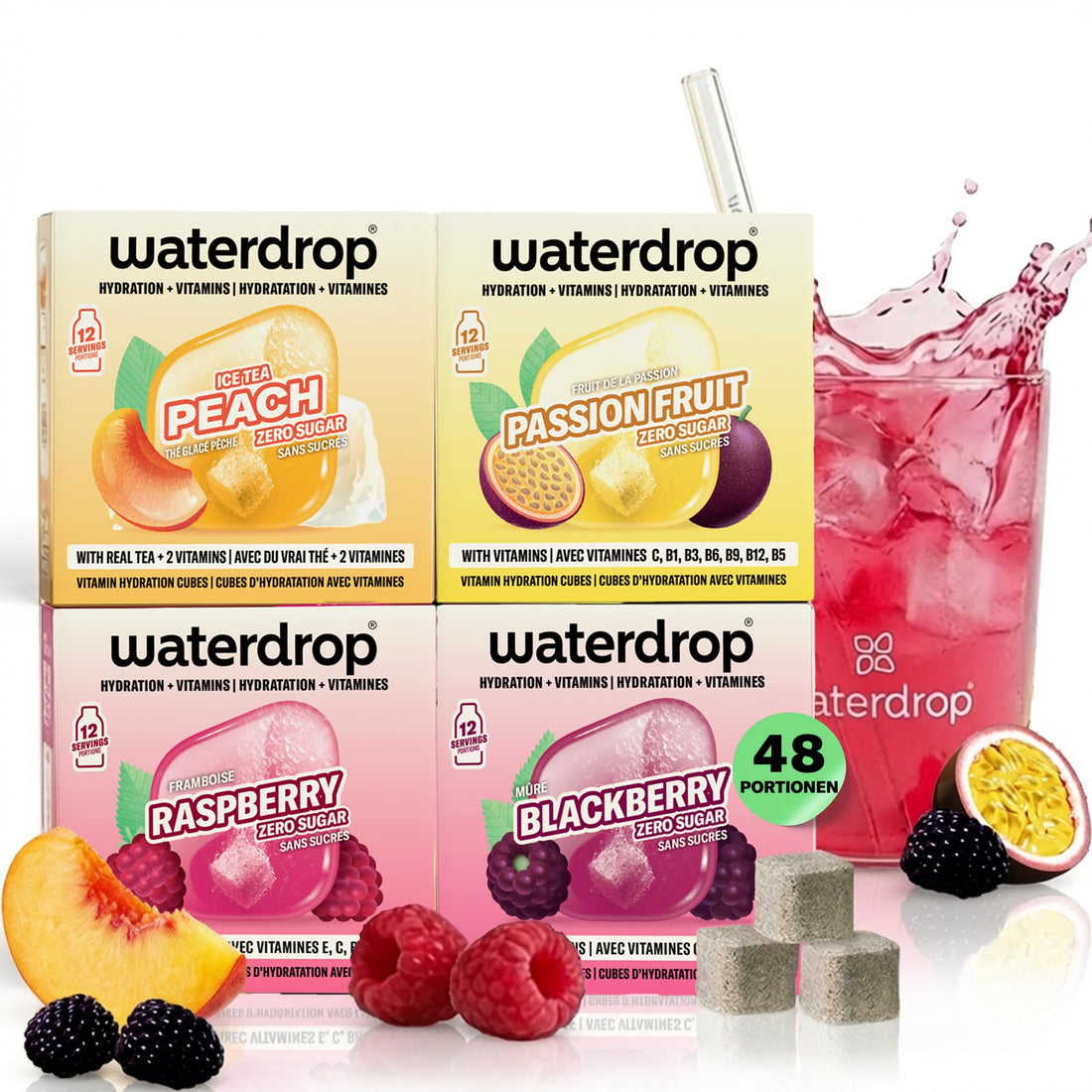 waterdrop® Beeren & Früchte Set – 48 Waterdrop Würfel in 4 verschiedenen Sorten – Zuckerfreier Durstlöscher & Alternative zu Getränkesirup und Geschmackspulver – Flavour Drops im Wasser auflösen