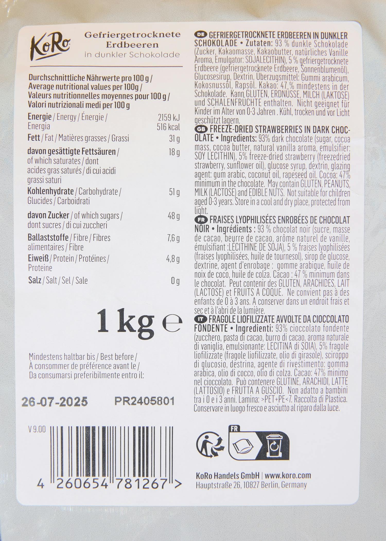 KoRo - Gefriergetrocknete Erdbeeren in Milchschokolade 1 kg - Knackig Fruchtig - Snack im Vorteilspack