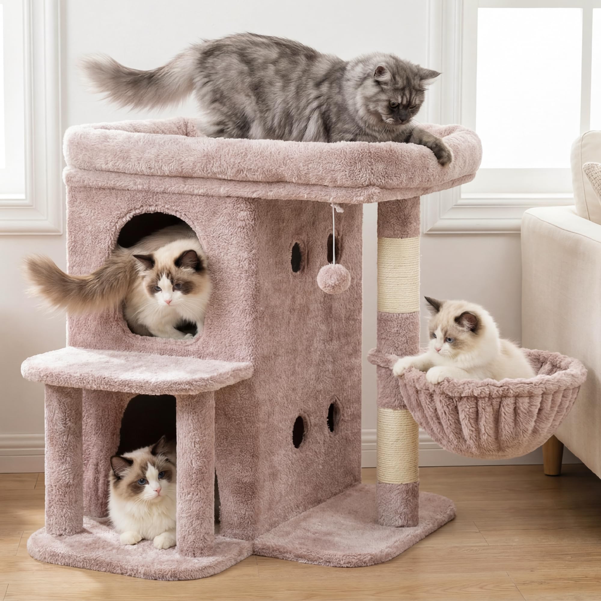 Heybly Kratzbaum, 65 cm Hoher Katzenbaum mit Extra-Großer Plattform, Gestuftes Katzenmöbel mit Doppelhaus, Inklusive Sisal-Kratzsäule, Katzenkorb und Spielzeug für Katzen, Hellgrau HCT204SW