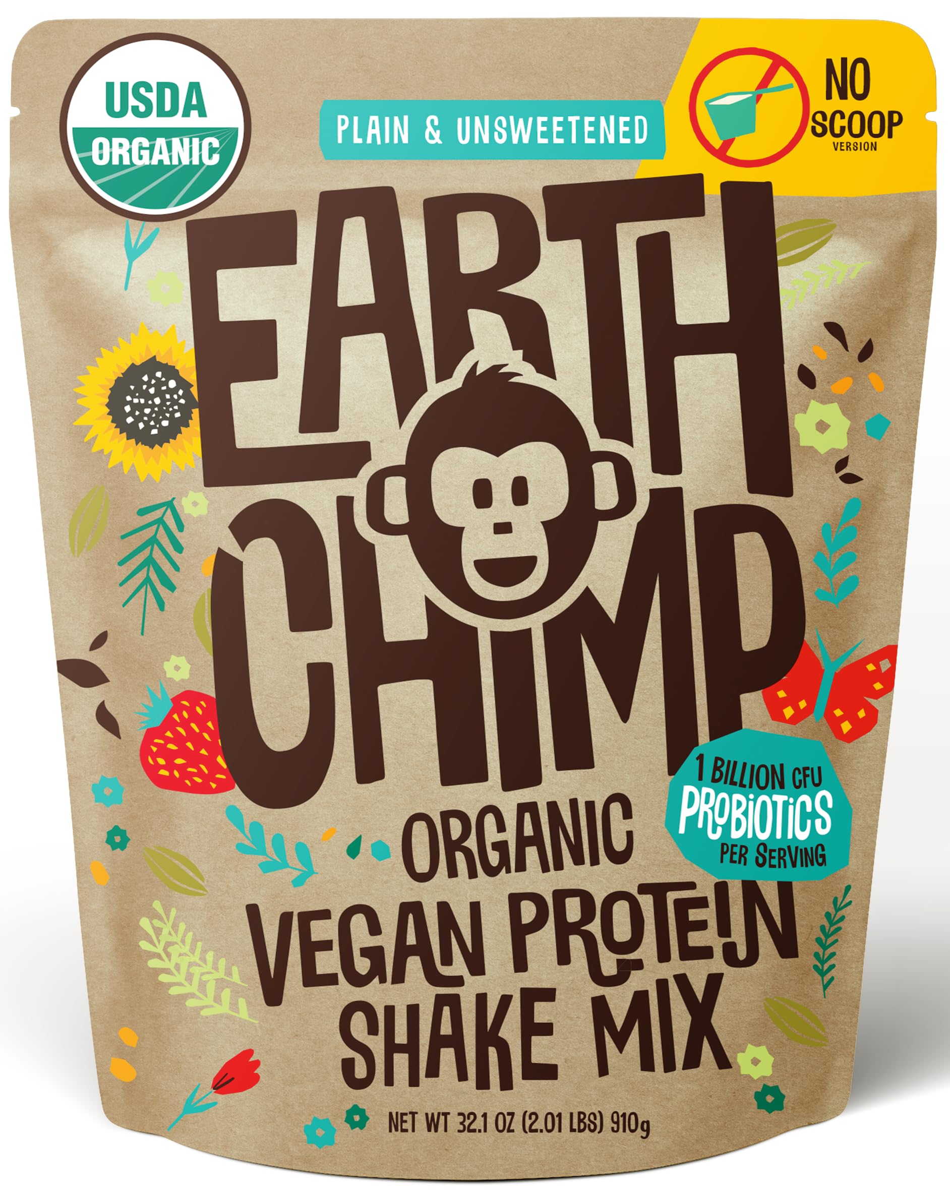 EarthChimp Organic Vegan Protein Powder - with Probiotics - Non GMO, Dairy Free, Non Whey, Plant Based Protein Powder for Women and Men, Gluten Free - 26 Servings 32 Oz (Chocolate)