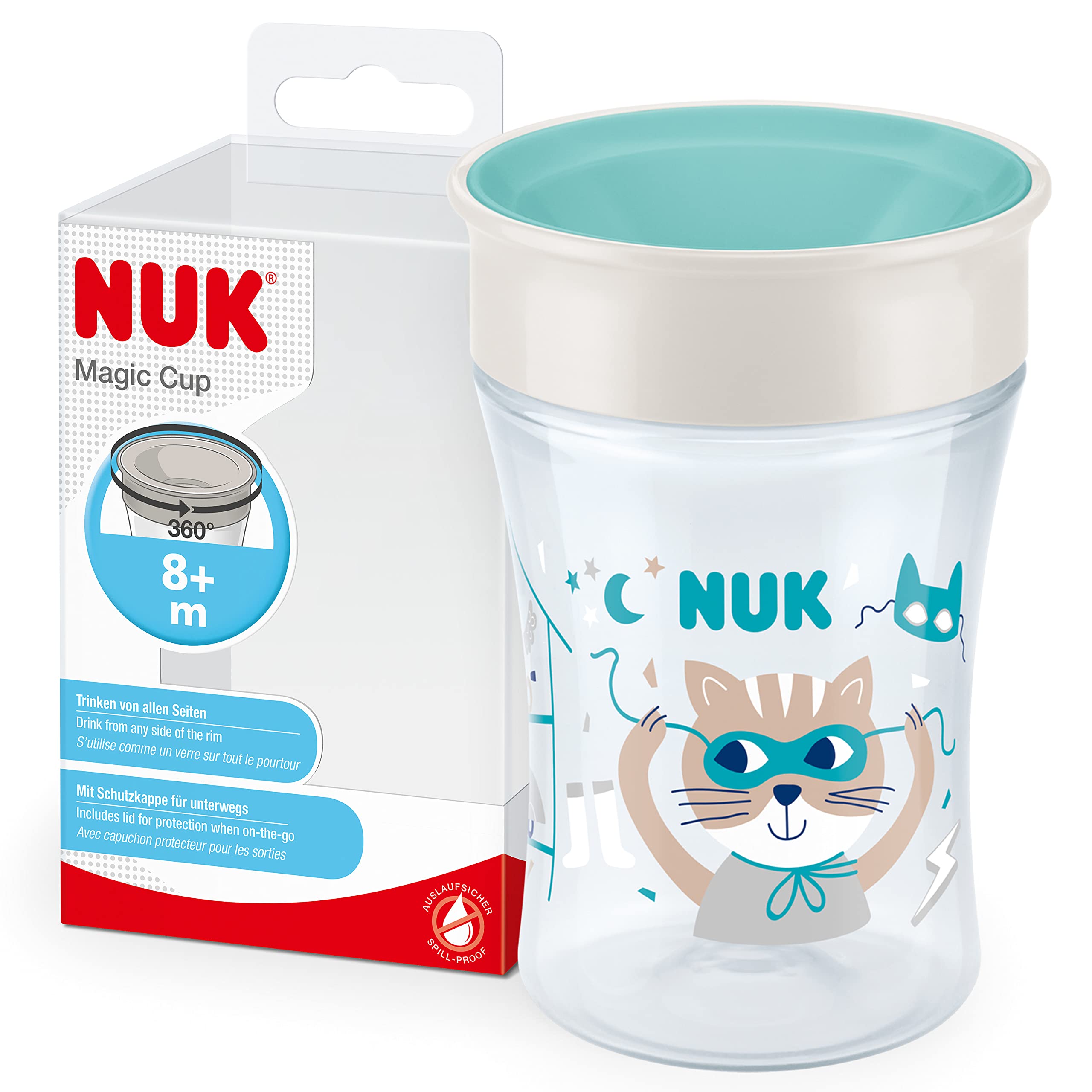 NUK Magic Cup Trinklernbecher | 8+ Monate | 230 ml | auslaufsicherer 360°-Trinkrand | BPA-frei | blauer Igel