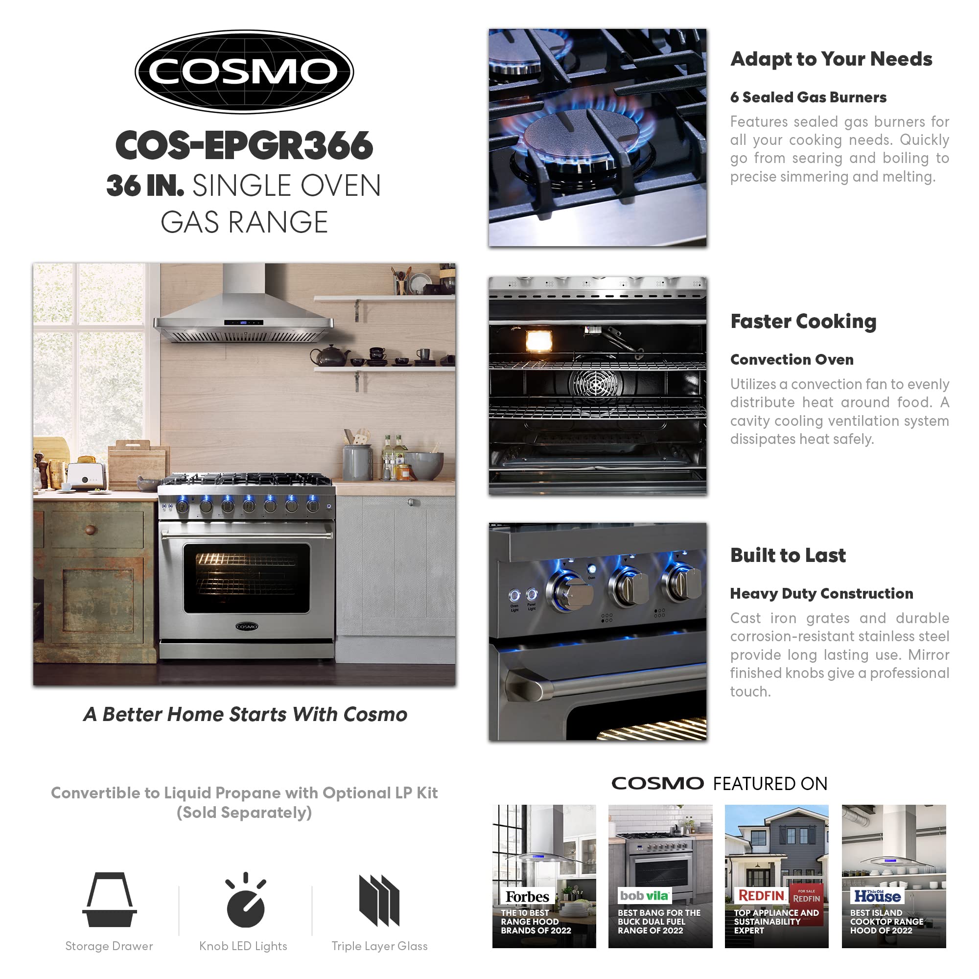 COSMO COS-EPGR366 36 in. Haven Collection 6.0 cu. ft. Gas Range, 6 Burners, Convection Oven, Knob LEDs, Storage Drawer, Stainless Steel
