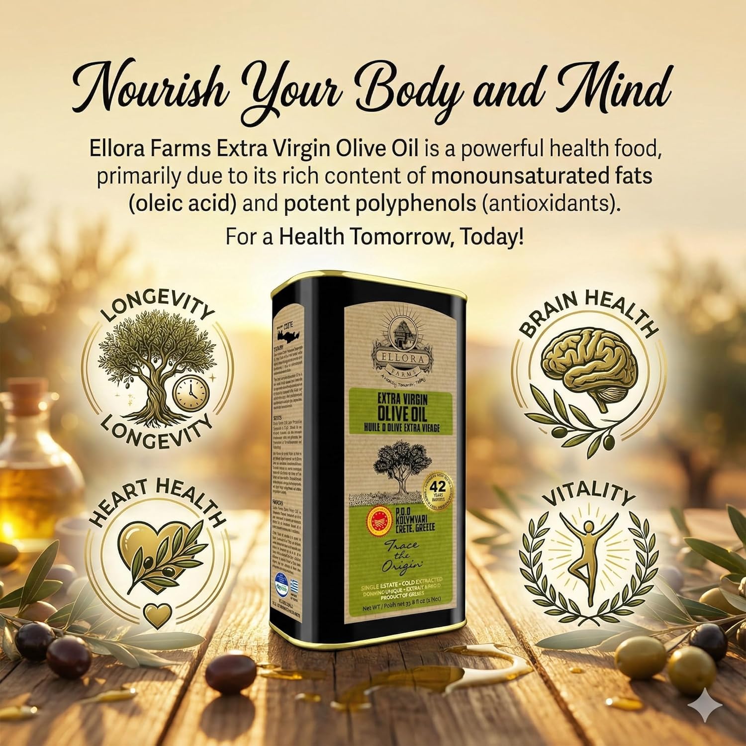 Ellora Farms Olive Oil Extra Virgin, Certified Single Estate PDO, Polyphenol Rich Extra Virgin Olive Oil Cold Pressed & Traceable, Global Gold Awards EVOO, Kosher, Crete, Greece 33.8 Fl oz (1 Ltr)