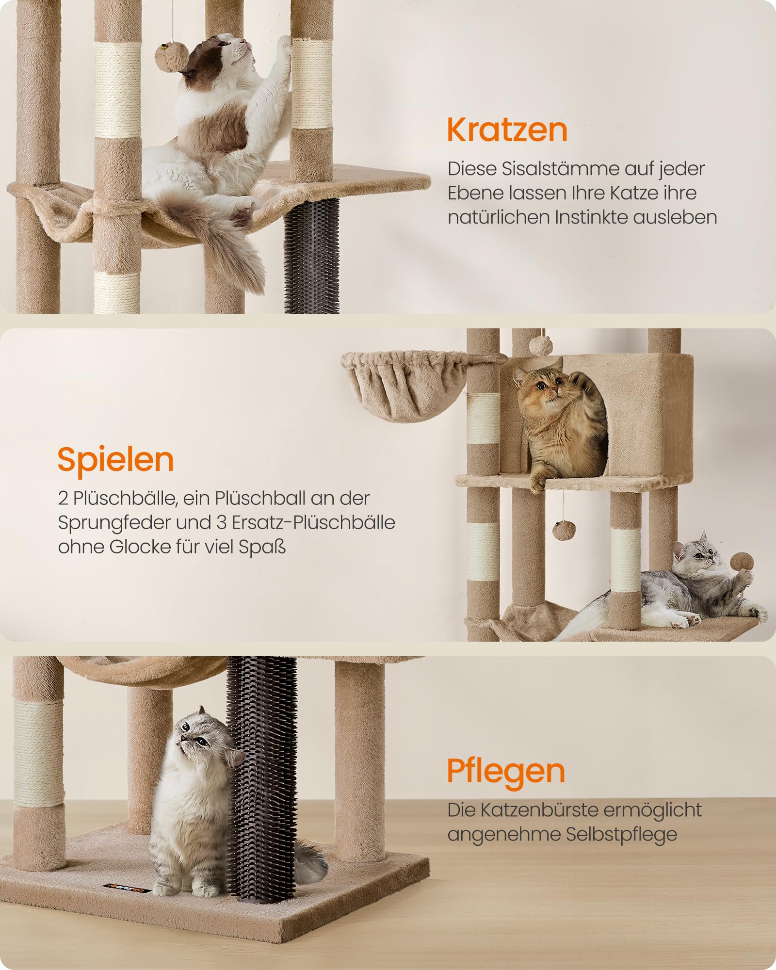 Feandrea Kratzbaum, 175 cm hoch, XL, mehrstöckiger Katzenbaum mit 2 Höhlen, 2 Liegemulden, 5 Kratzsäulen, Katzenbürste, große Plattform, Taubengrau PCT182G01