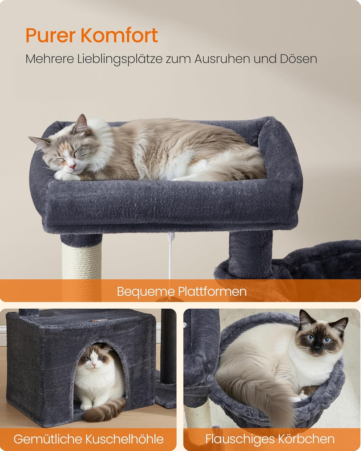 Feandrea Kratzbaum, Katzenbaum mit Kratzsäulen, Rampe, Katzenkratzbaum, 2 große Plattformen, Höhle und Korb, 85,8 cm hoch, Taubengrau PCT013GD01