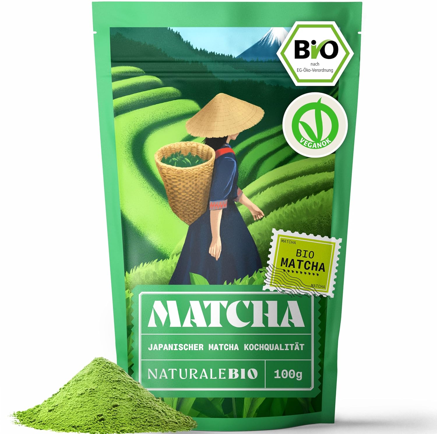 NaturaleBio Matcha Tee Pulver Bio - Premium-Qualität - 100g. Original Green Tea aus Japan. Japanischer ideal zum Trinken. Grüntee für Latte, Smoothies Getränk. Hergestellt in Uji, Kyoto.