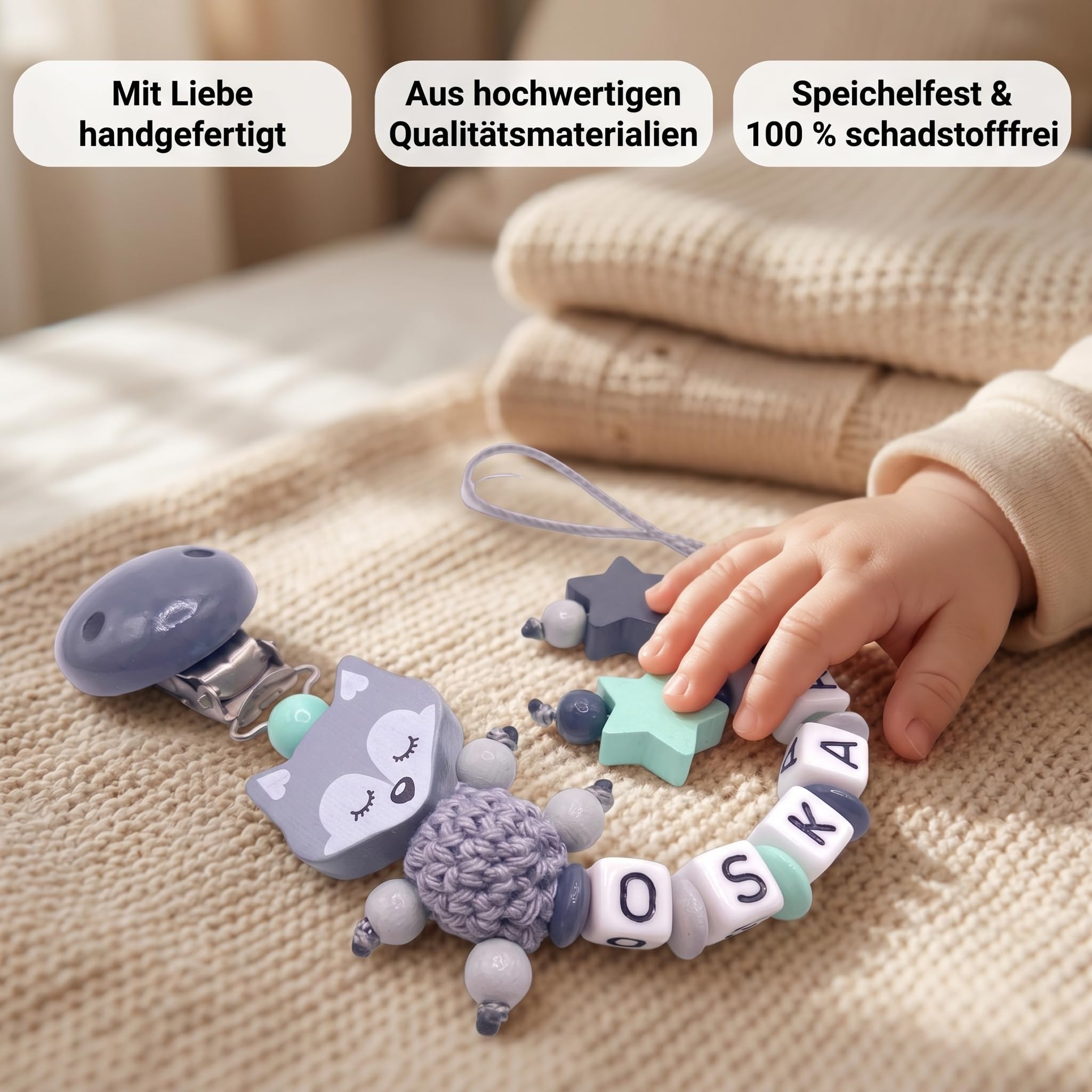 Schnullerband mit Namen für Mädchen & Jungen personalisierte Baby Geschenke (Blau)