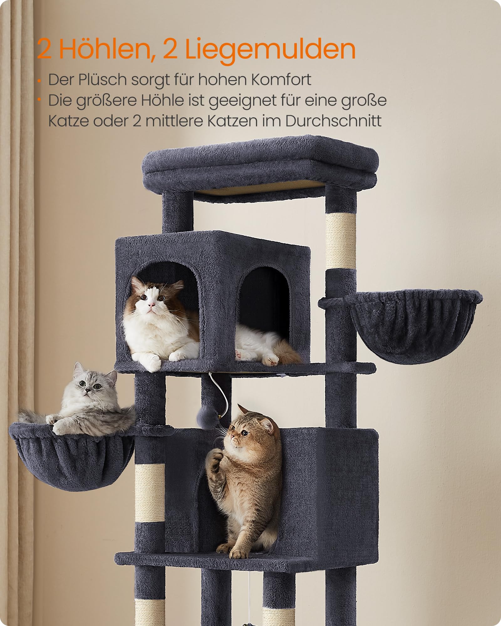 Feandrea Kratzbaum, 175 cm hoch, XL, mehrstöckiger Katzenbaum mit 2 Höhlen, 2 Liegemulden, 5 Kratzsäulen, Katzenbürste, große Plattform, Taubengrau PCT182G01